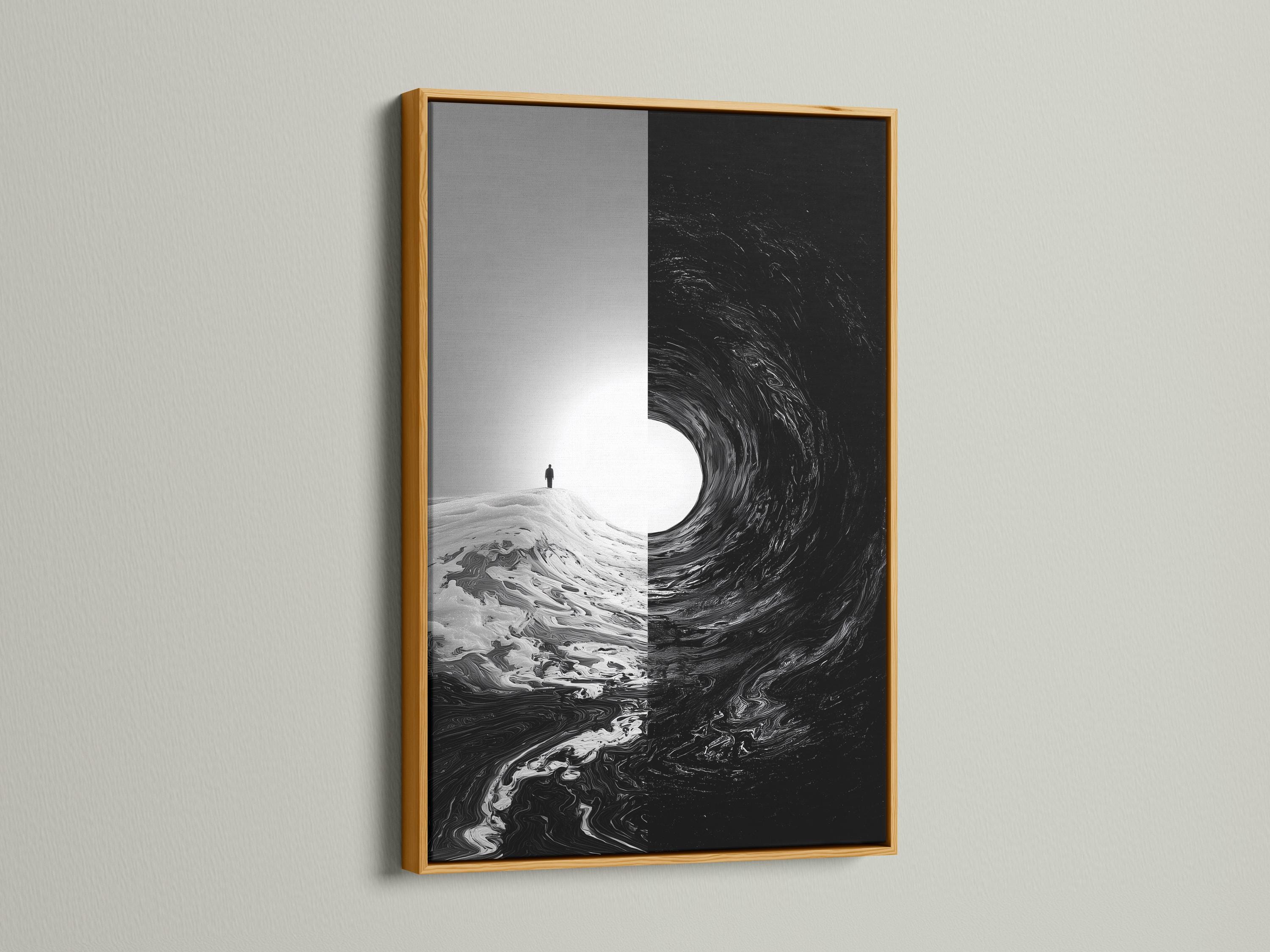 Room mockup showing monochrome framed artwork with a small standing figure and swirling black area