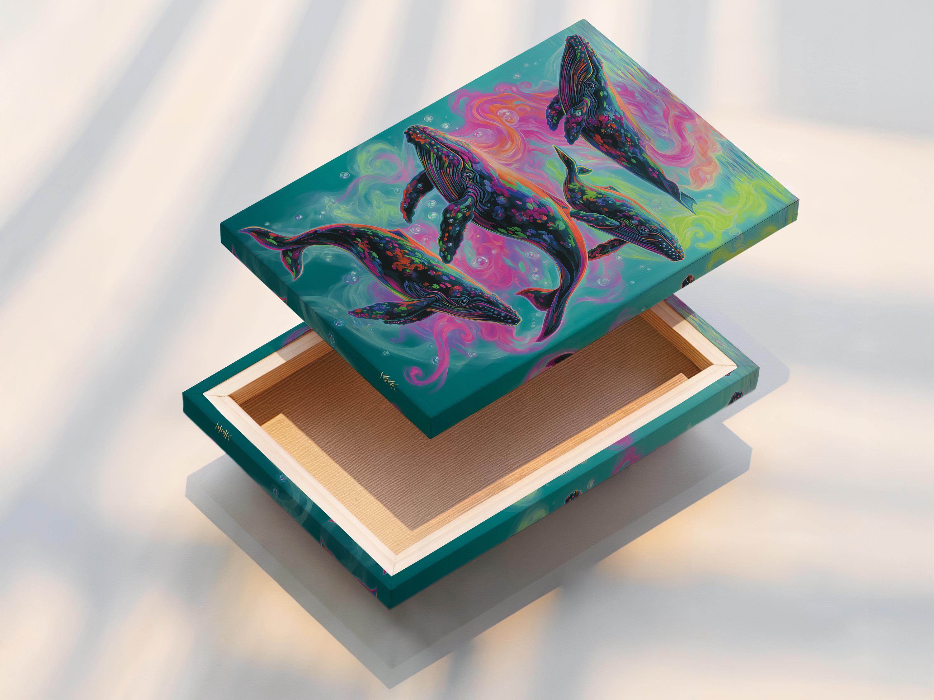 Three stylised whales swimming in a psychedelic teal, pink and yellow underwater scene detail view
