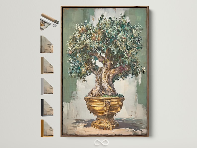 Olive tree artwork with silvery-green leaves in an ornate gold pot
