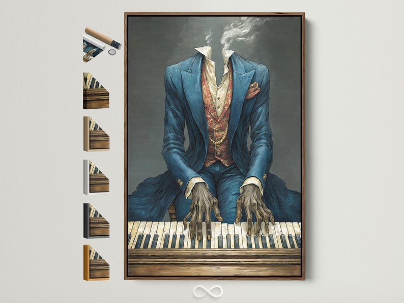 Headless pianist in a blue suit playing an illustrated piano with smoke-like curls behind