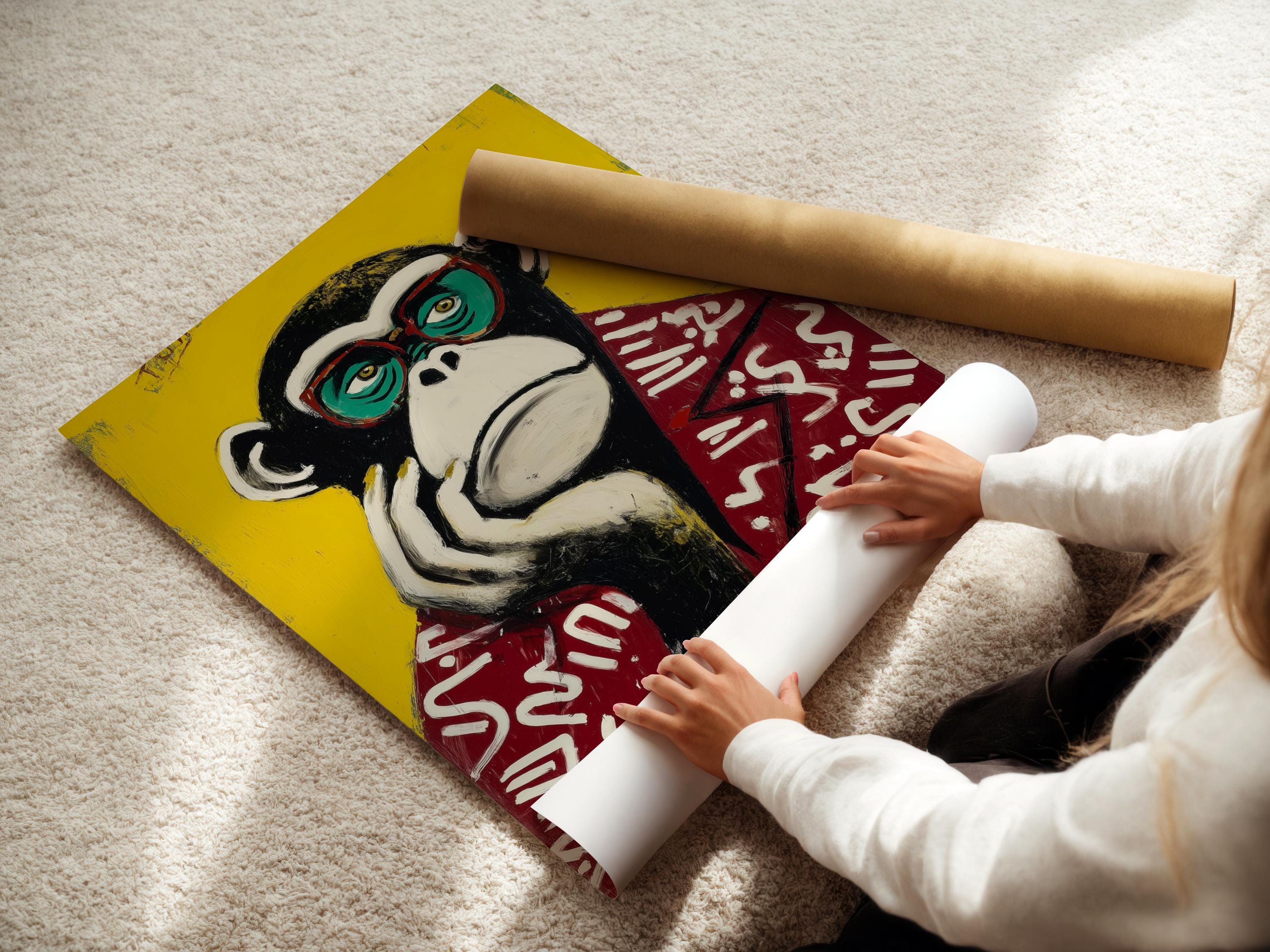Portrait of a stylised monkey wearing oversized round glasses against a bright yellow background detail view