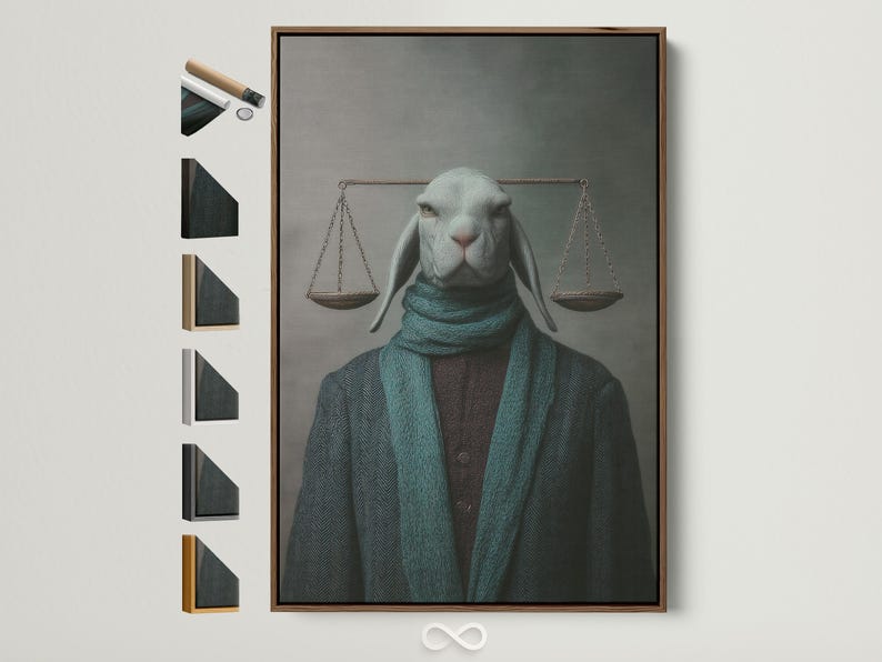 Hare portrait in teal and dark green clothing with hanging scales behind its head