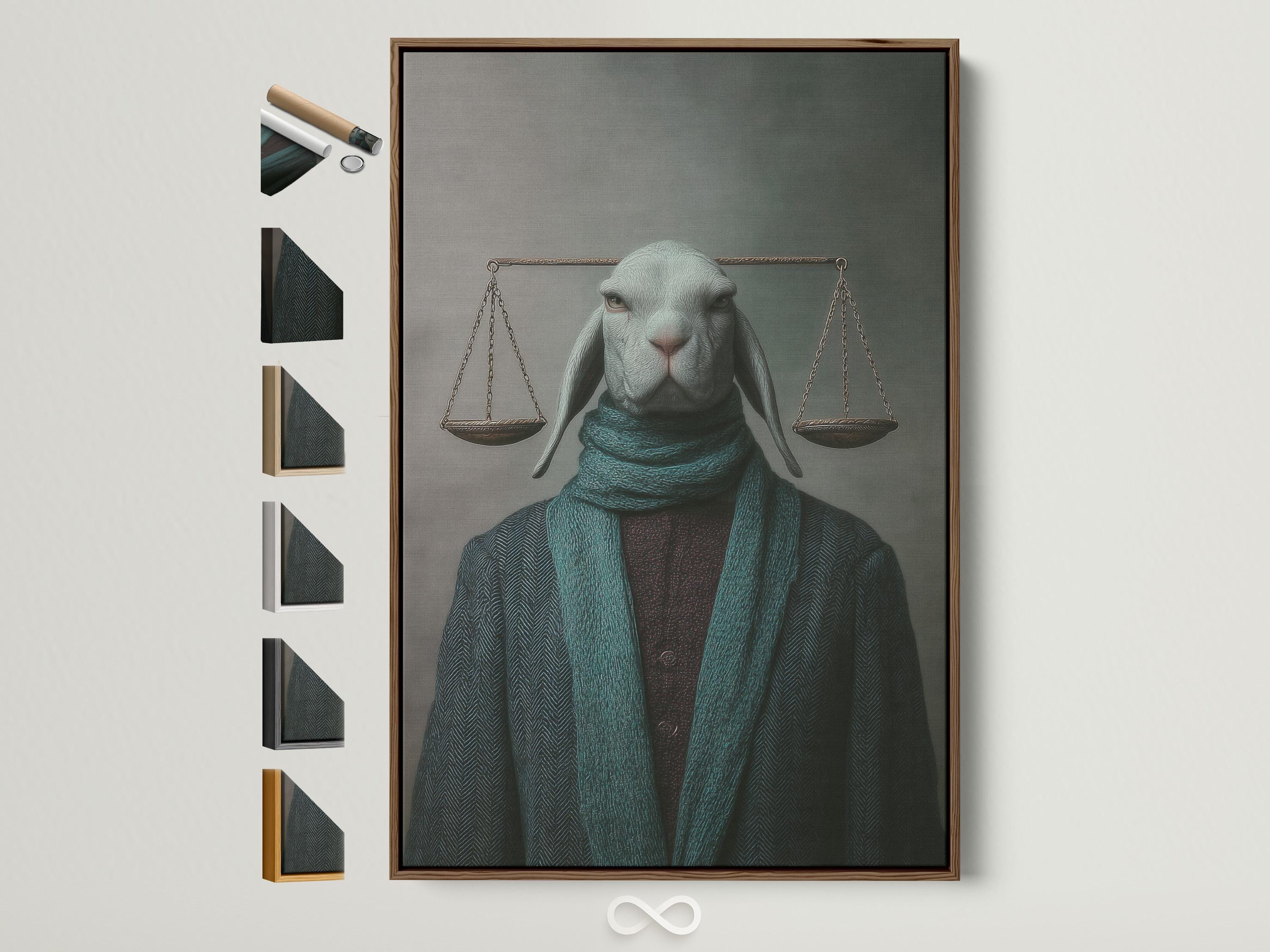 Hare portrait in teal and dark green clothing with hanging scales behind its head