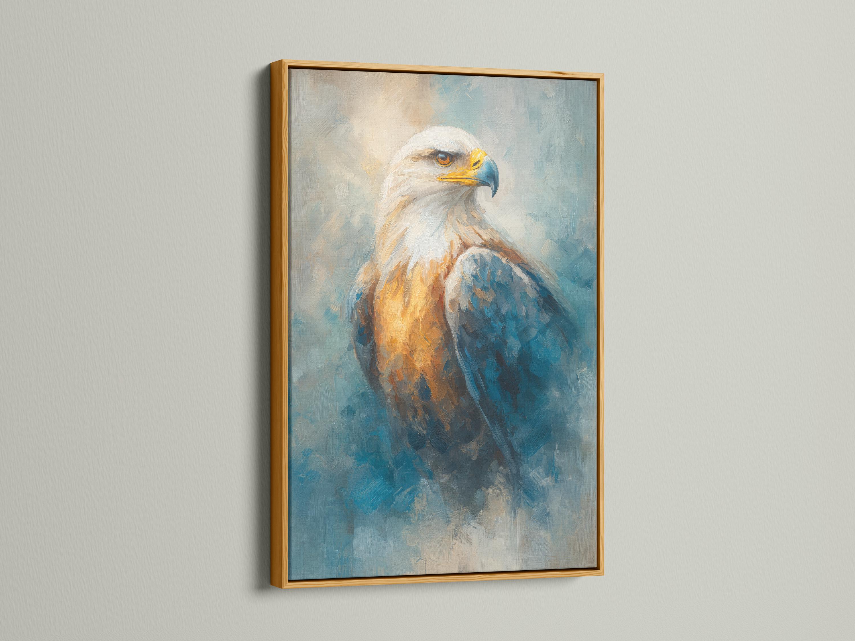 Room mockup showing framed eagle wall art with teal-blue and gold tones
