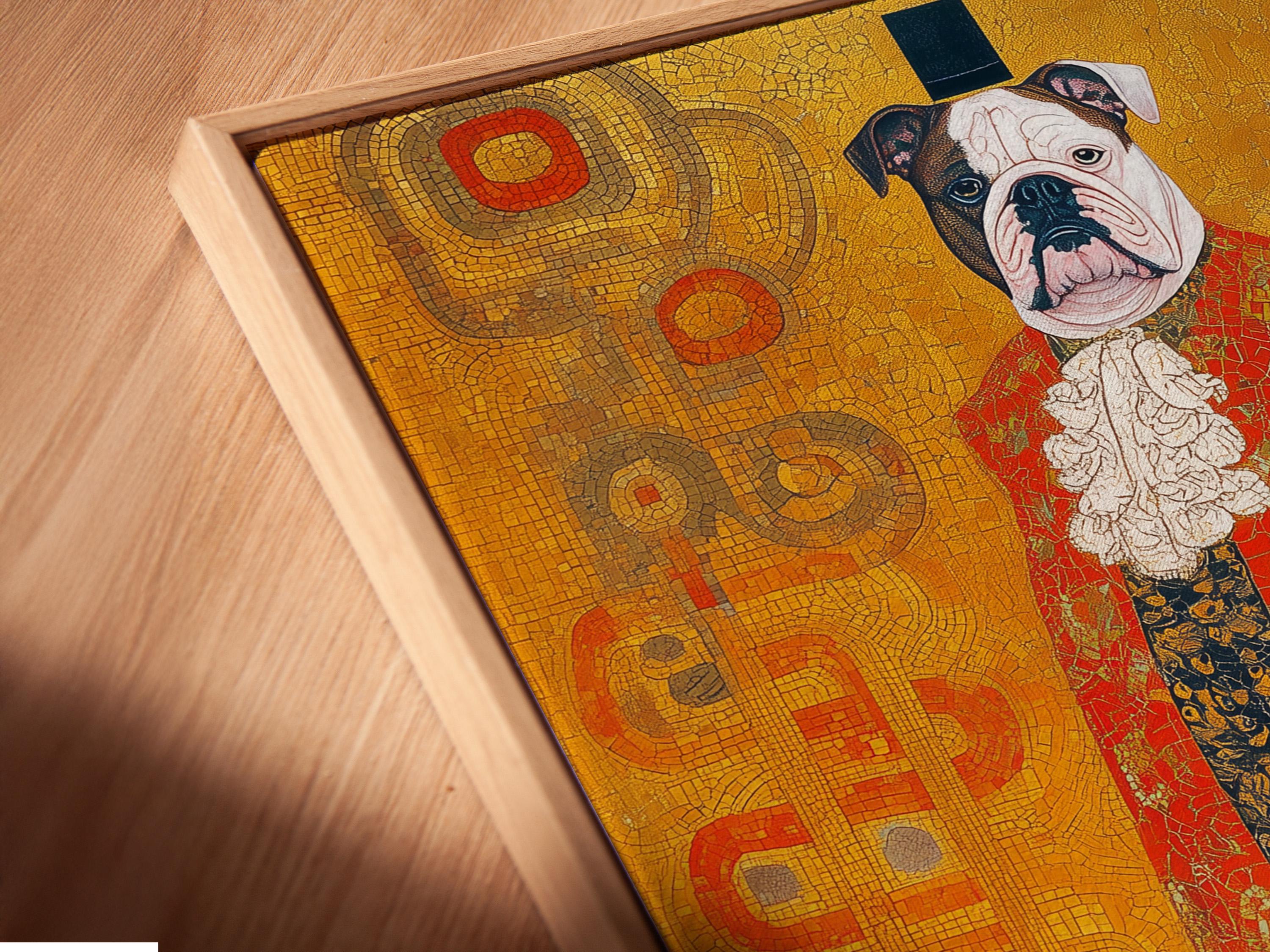 Stylised bulldog portrait with warm gold mosaic background, red coat and deep navy ornamental swirls detail view