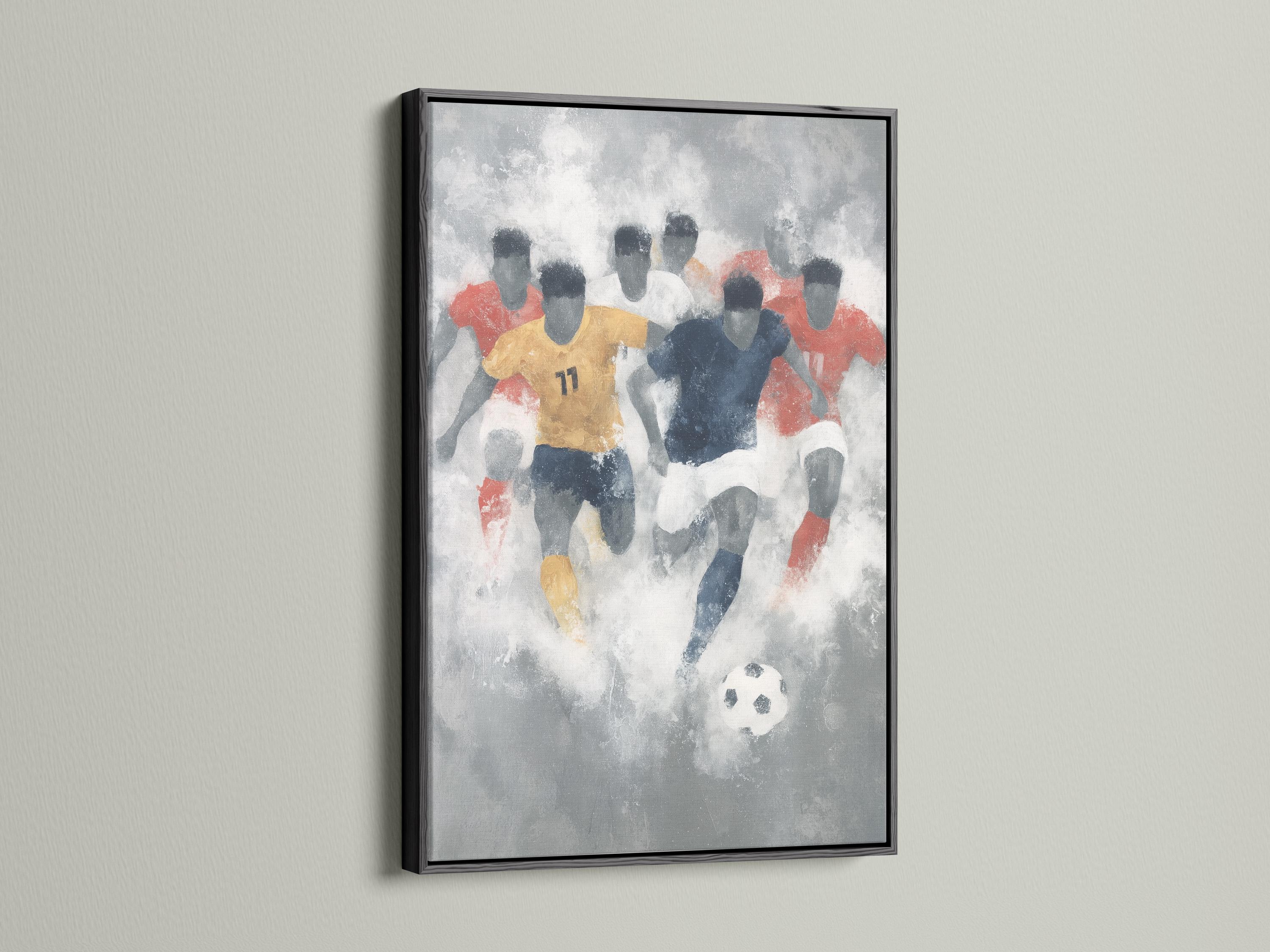 Abstract football scene with stylised players in red and navy and a small black-and-white football detail view