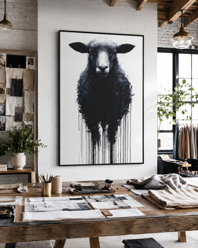 Monochrome sheep portrait artwork with a white face patch and dripping black streaks