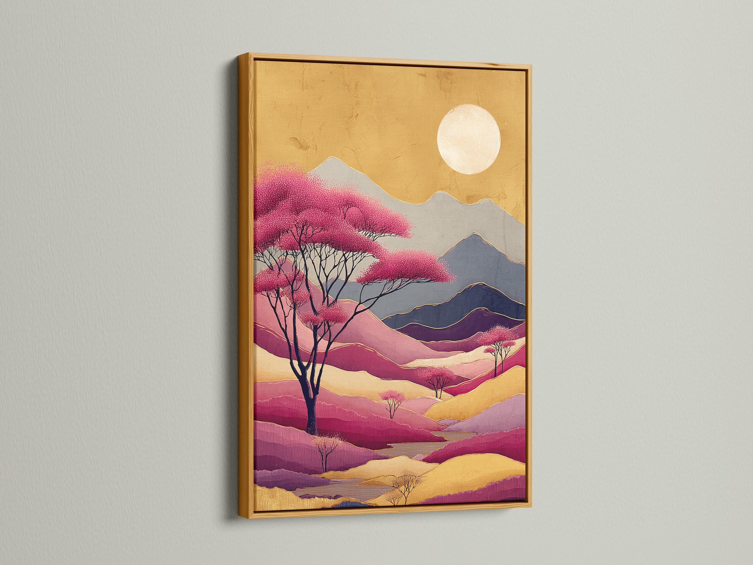 Painterly mountain landscape with blush-pink blossom trees, layered ridges and a pale moon in warm gold tones detail view