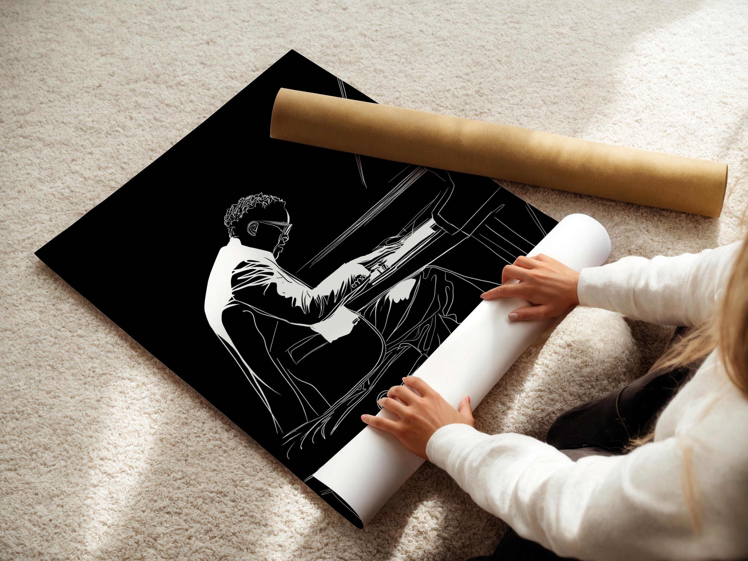Black and white line drawing of a pianist playing an upright piano detail view