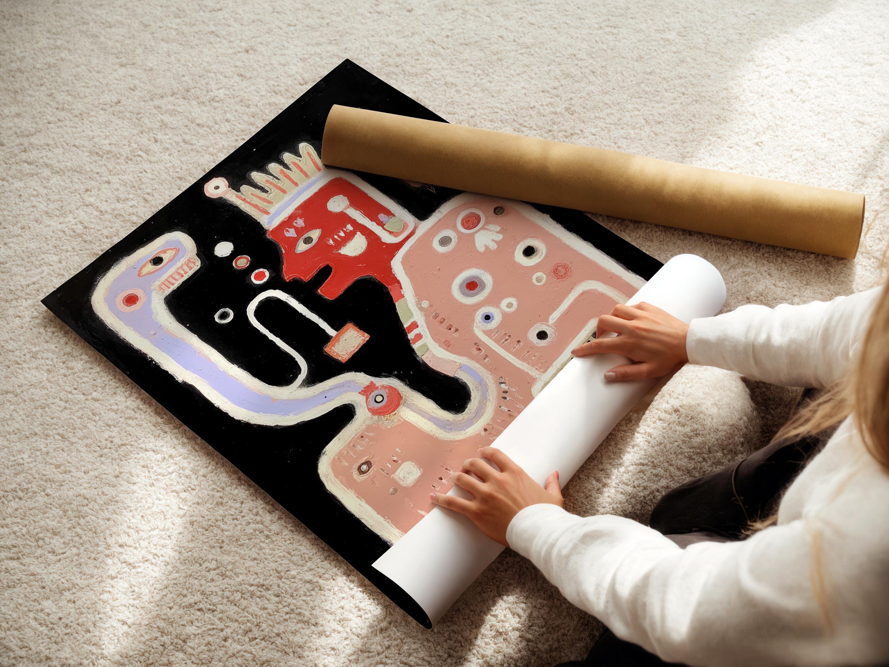 Room mockup showing an abstract odd face artwork with dusty pink, light blue and red details