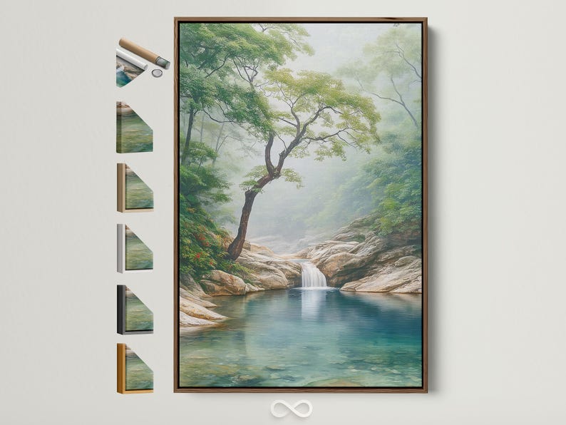 Misty forest waterfall scene with a leaning tree and a calm blue-green pool