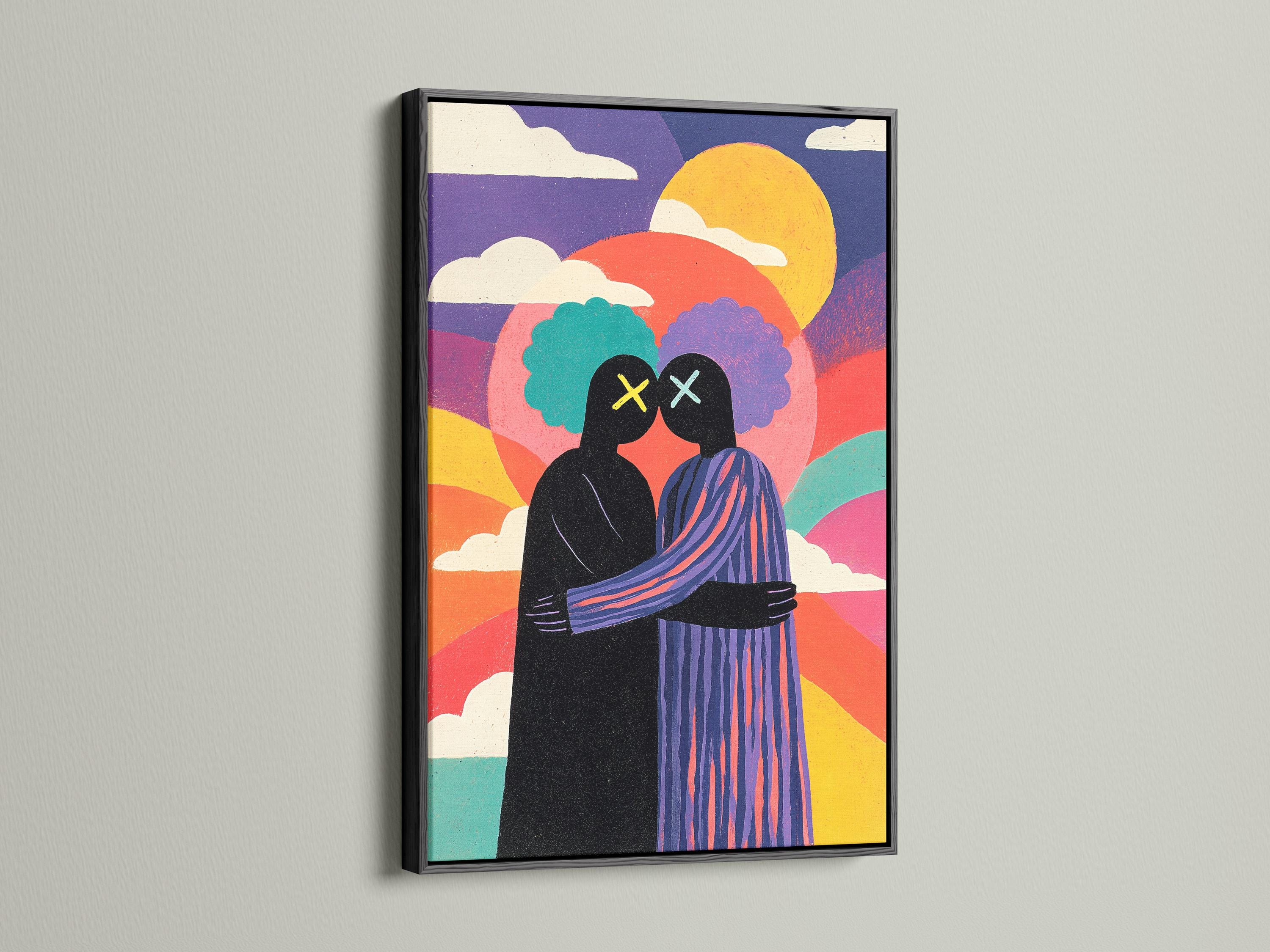 Mockup showing a framed artwork of a colourful sunset couple silhouette on a white wall