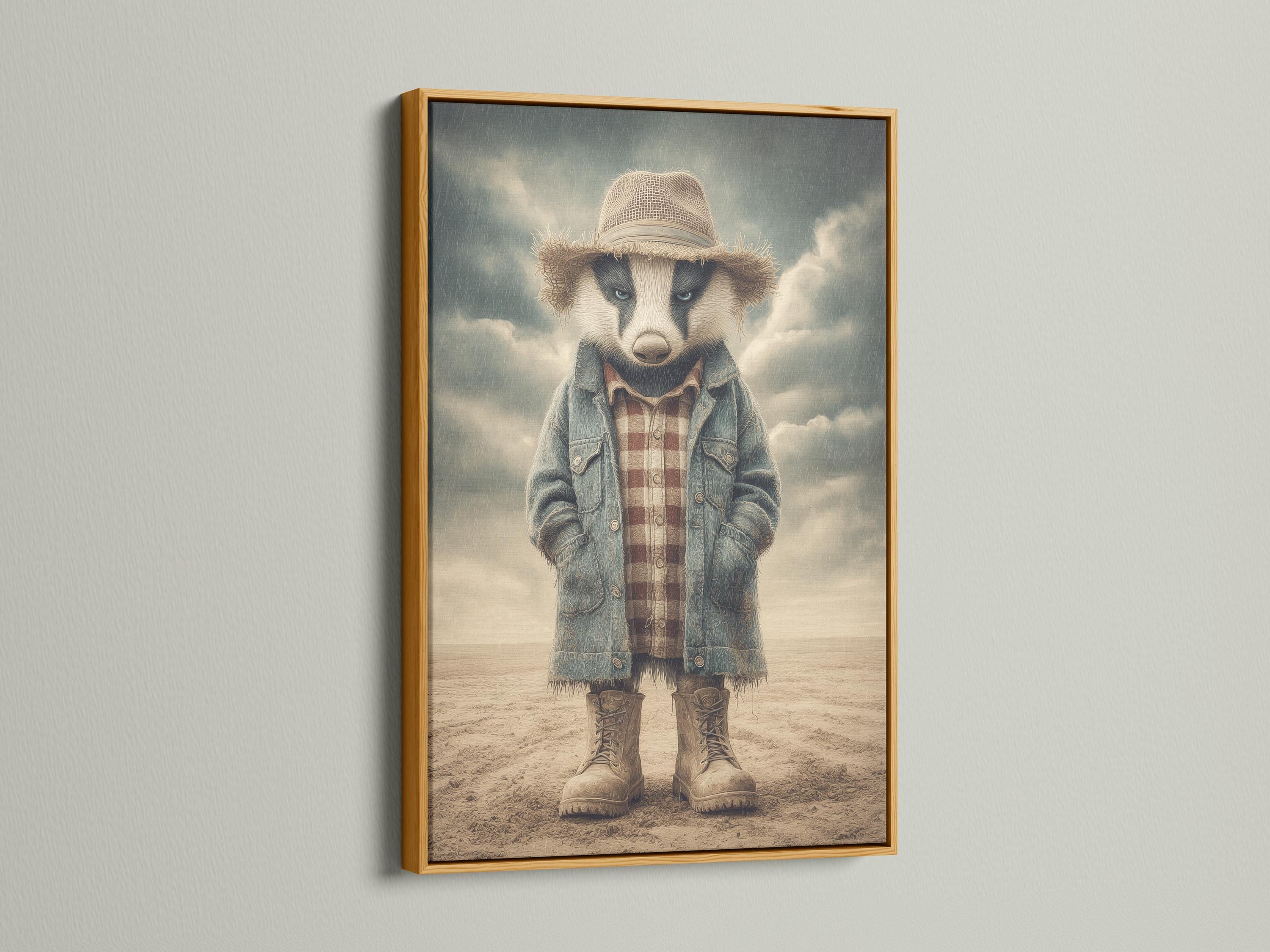 Stylised badger character wearing a straw hat and denim jacket in a sandy western scene detail view