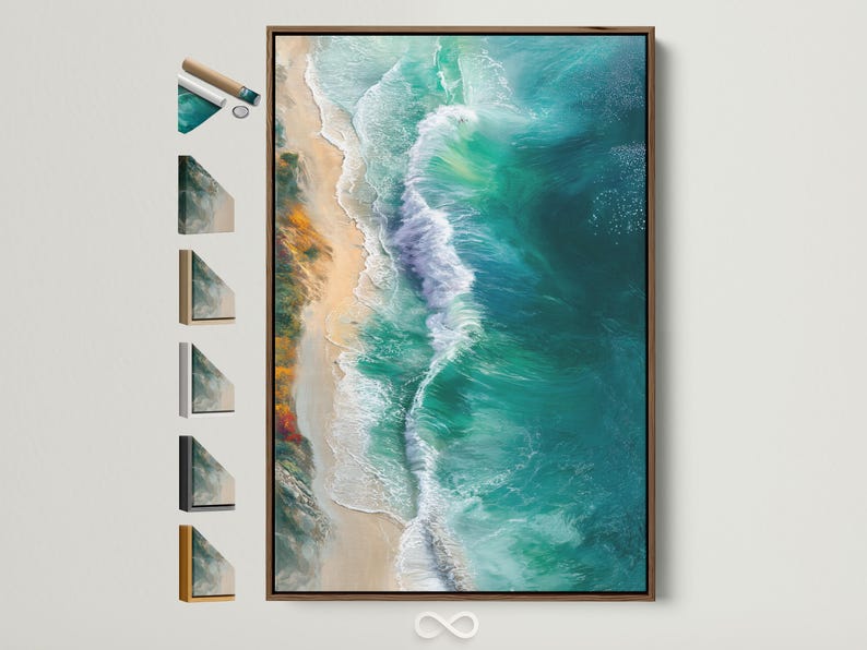 Aerial view of teal ocean waves with white foam along a sandy coastline