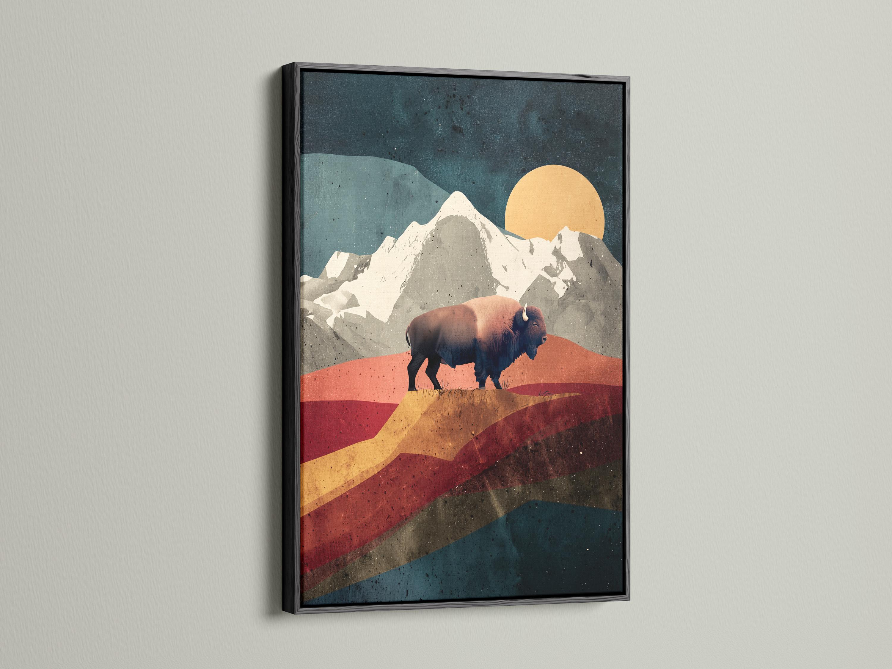 A bison stands in front of stylised mountains under a large round sun detail view