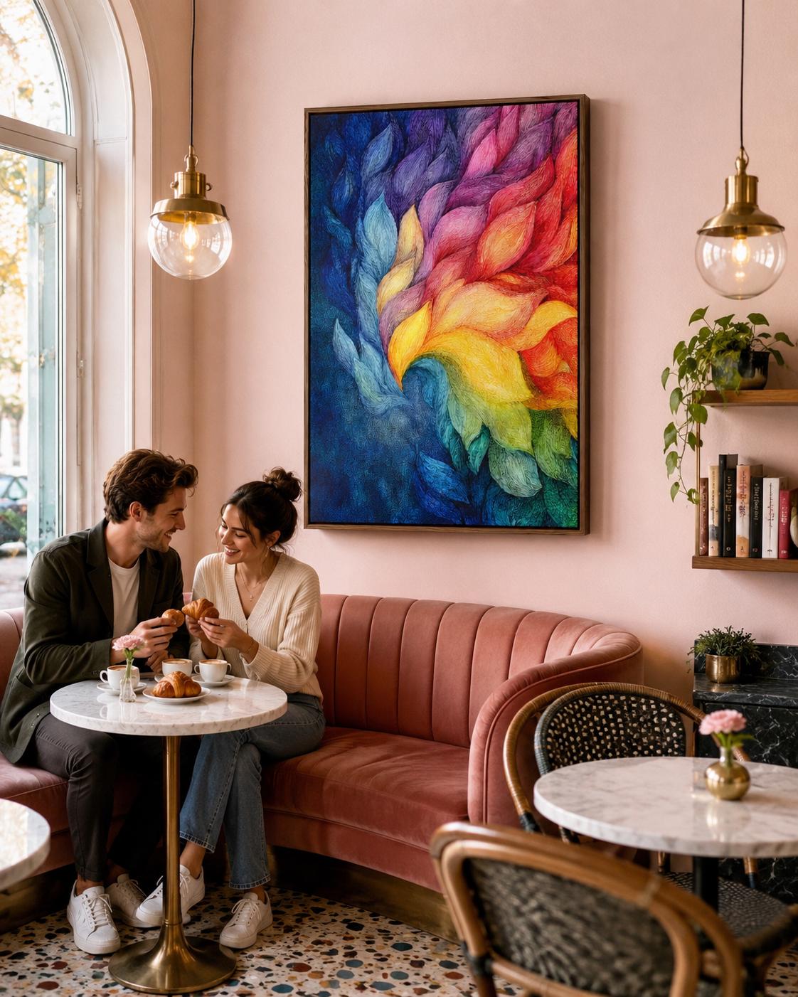 Person standing beside a framed rainbow abstract artwork in a bright room