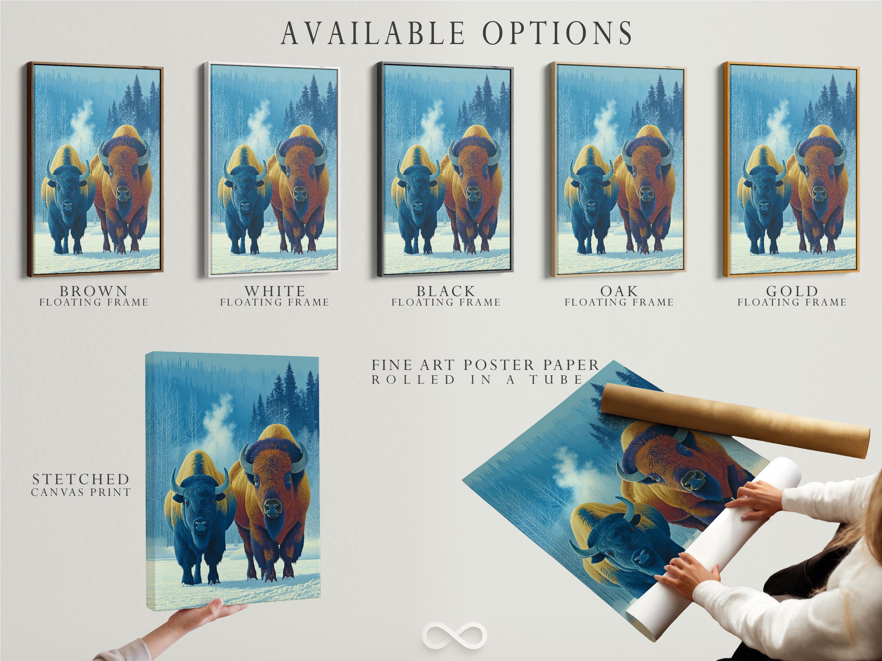 Two stylised bison in a snowy forest scene with cool blue trees and warm fur tones detail view