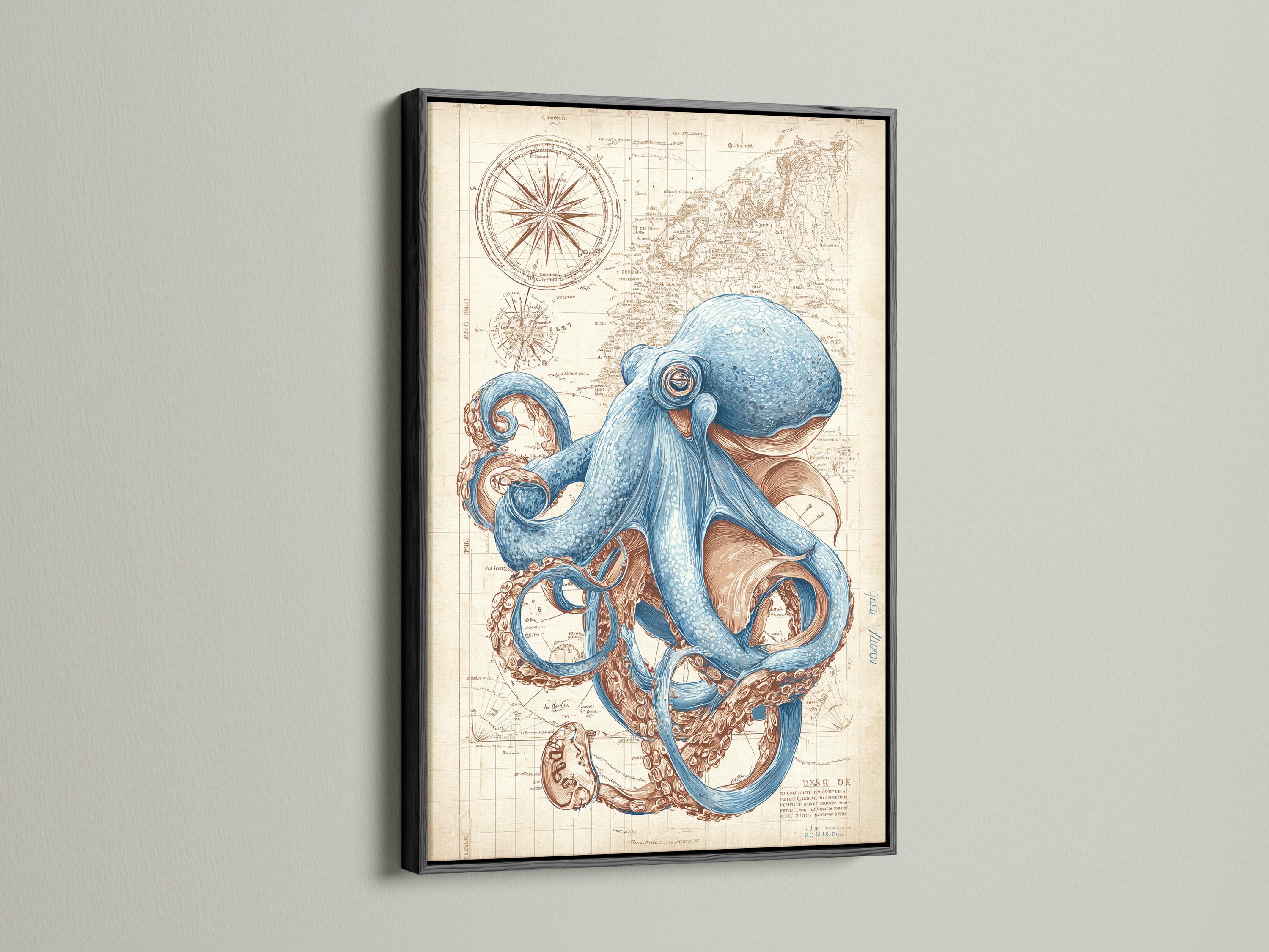 Blue octopus illustration over an antique beige nautical map with compass-like circles detail view