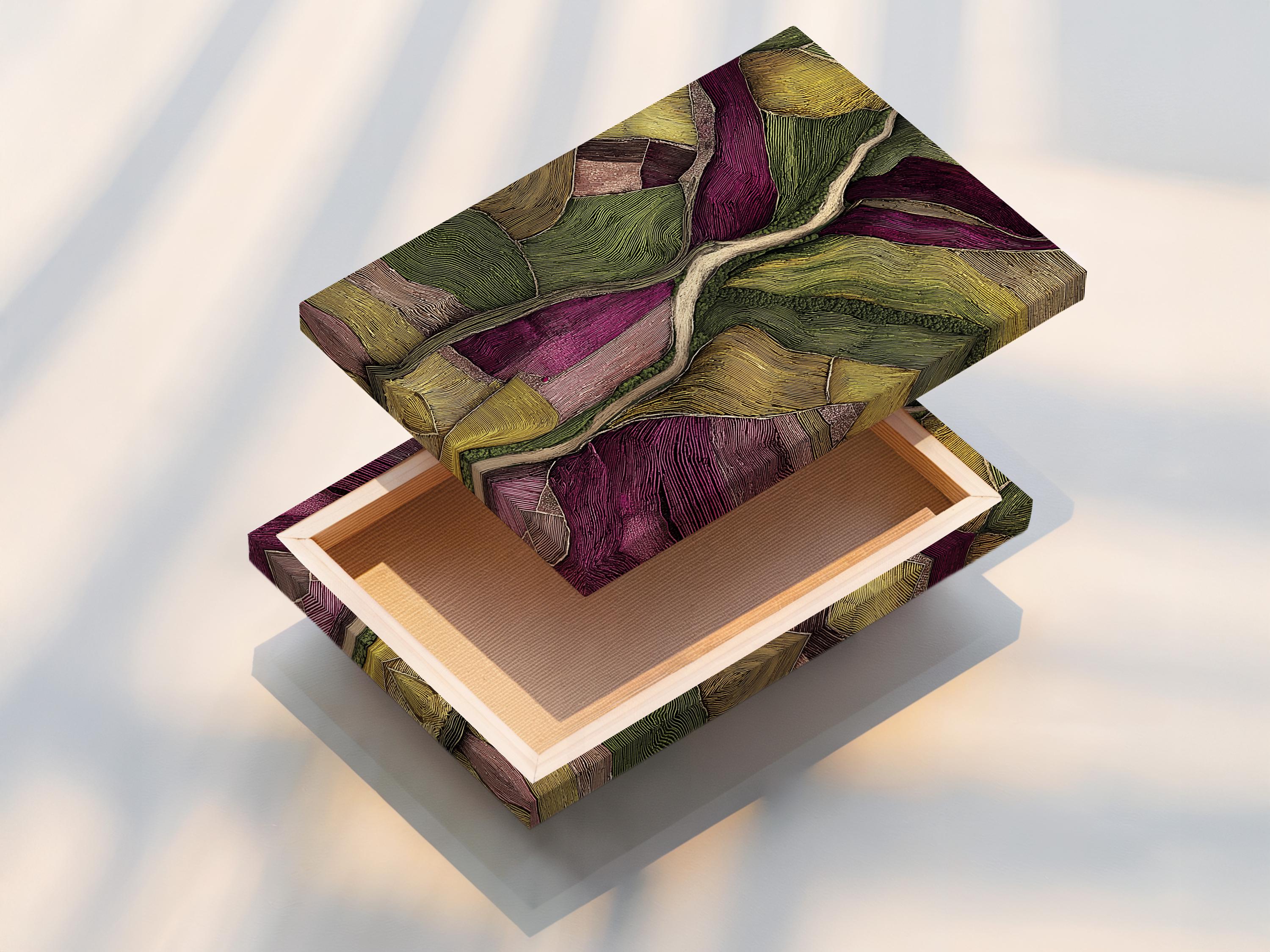 Room mockup with a framed abstract landscape artwork in green and plum tones