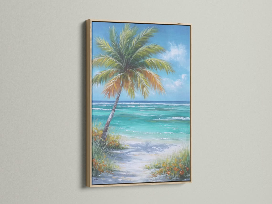 Leaning palm tree over turquoise ocean waves and sandy beach under a bright blue sky detail view