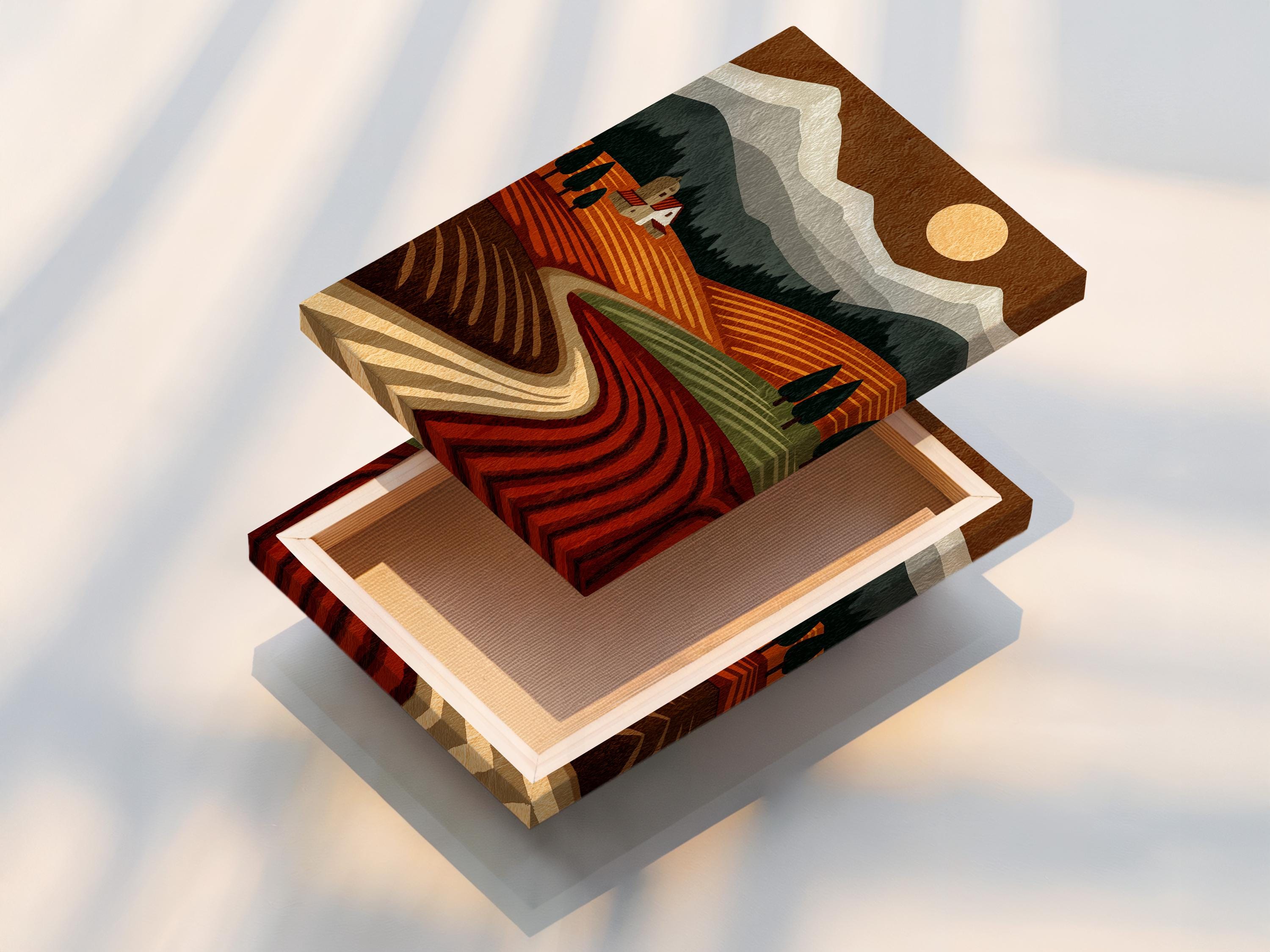Stylised countryside landscape with terraced fields, farmhouse, trees, mountains and a warm sun detail view