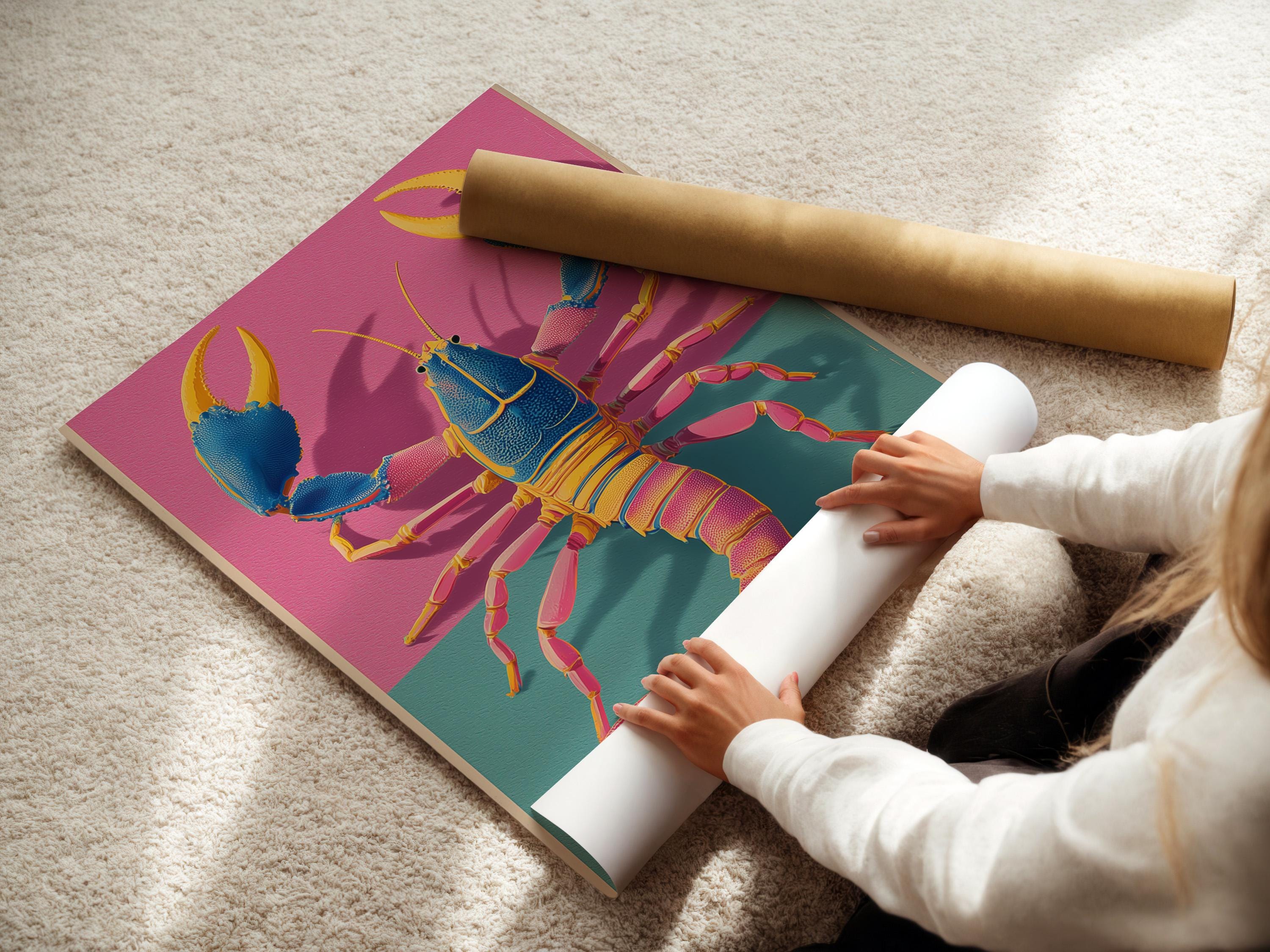 Stylised blue lobster with gold claws on a hot pink and teal sea background detail view