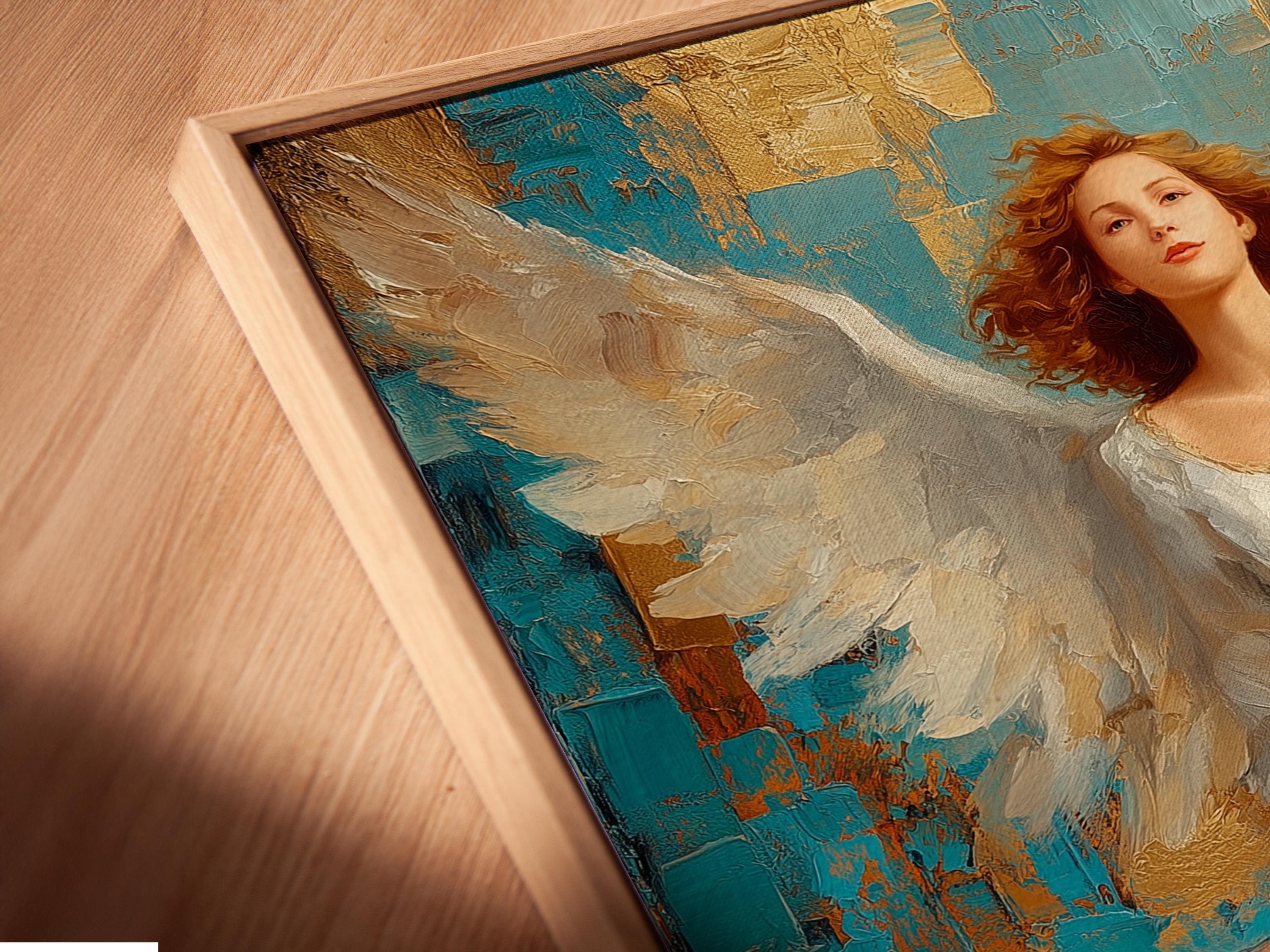 Winged angel portrait with flowing white robes against a teal and gold textured background detail view