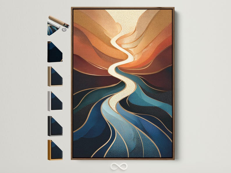 Abstract river design with swirling cream lines, terracotta and deep blue textured shapes