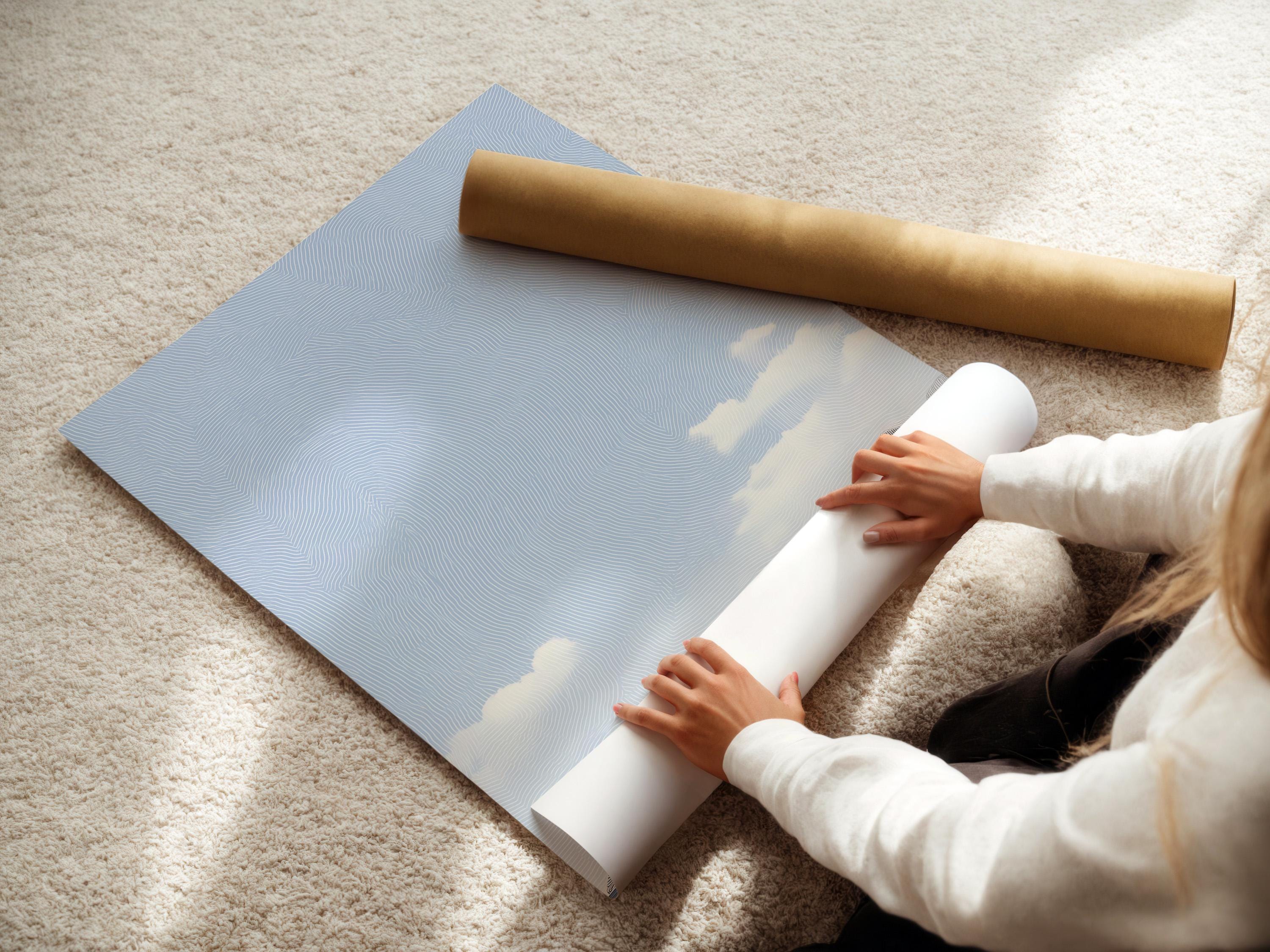 Room mockup showing a framed light blue minimalist seascape artwork with clouds and mountains