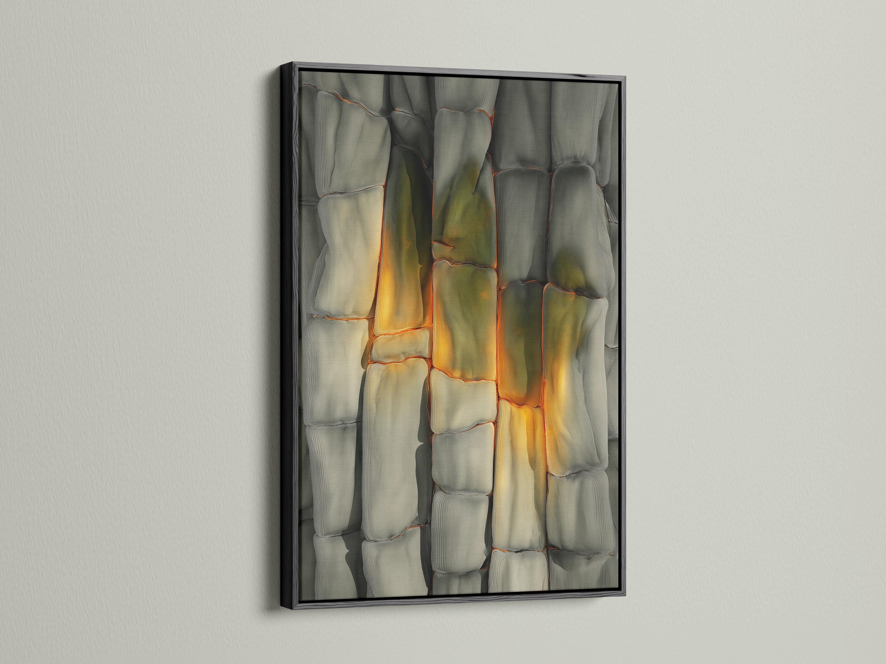 Abstract stone-texture artwork with cool grey blocks and warm beige-gold highlights in a rectangular frame detail view