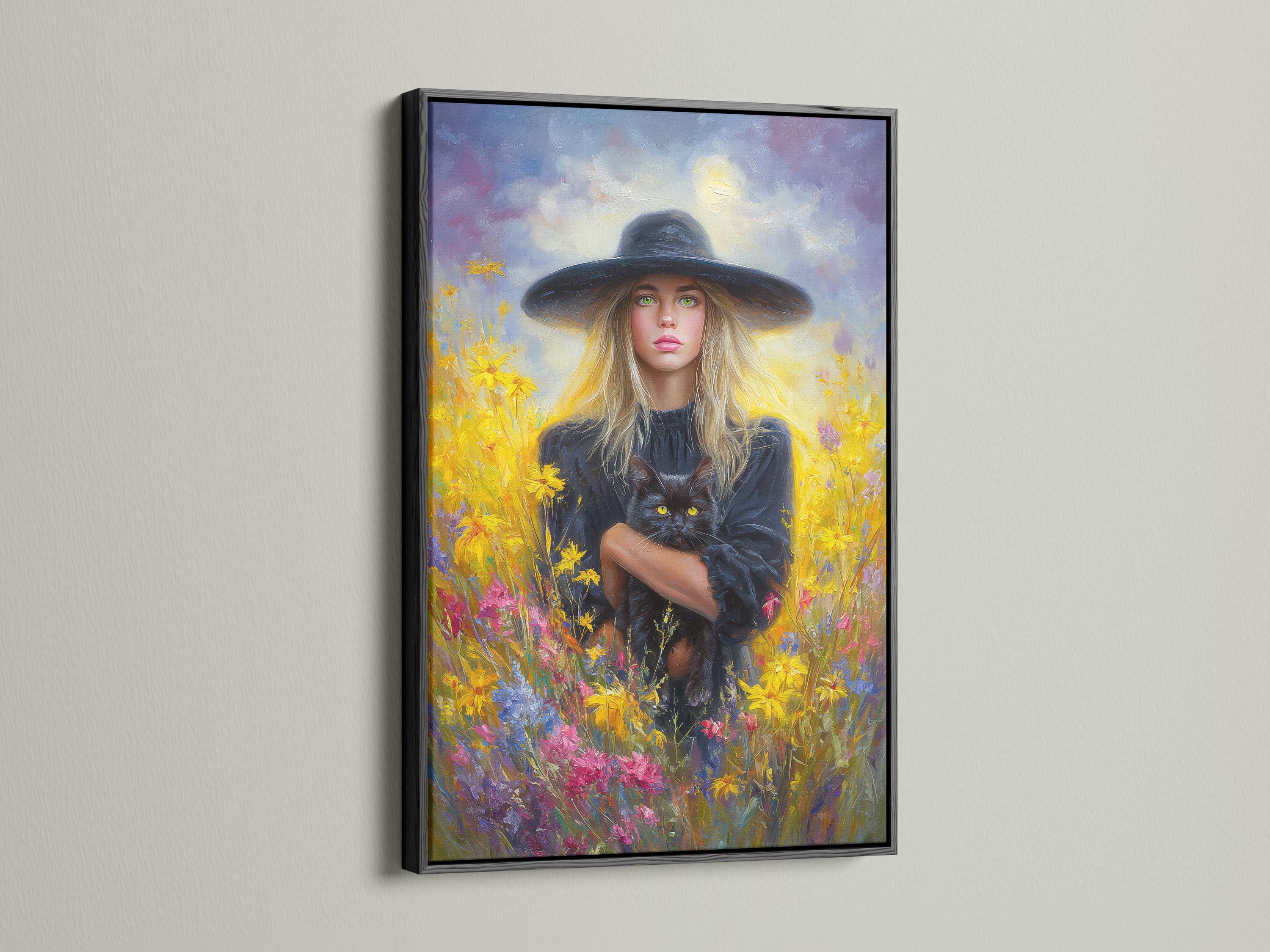 Blonde witch in a wide hat holding a black cat in a field of bright flowers detail view
