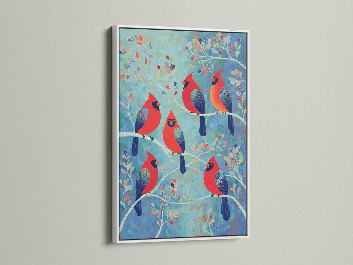 Portrait wildlife artwork with red cardinals perched on branches against a teal blue background detail view