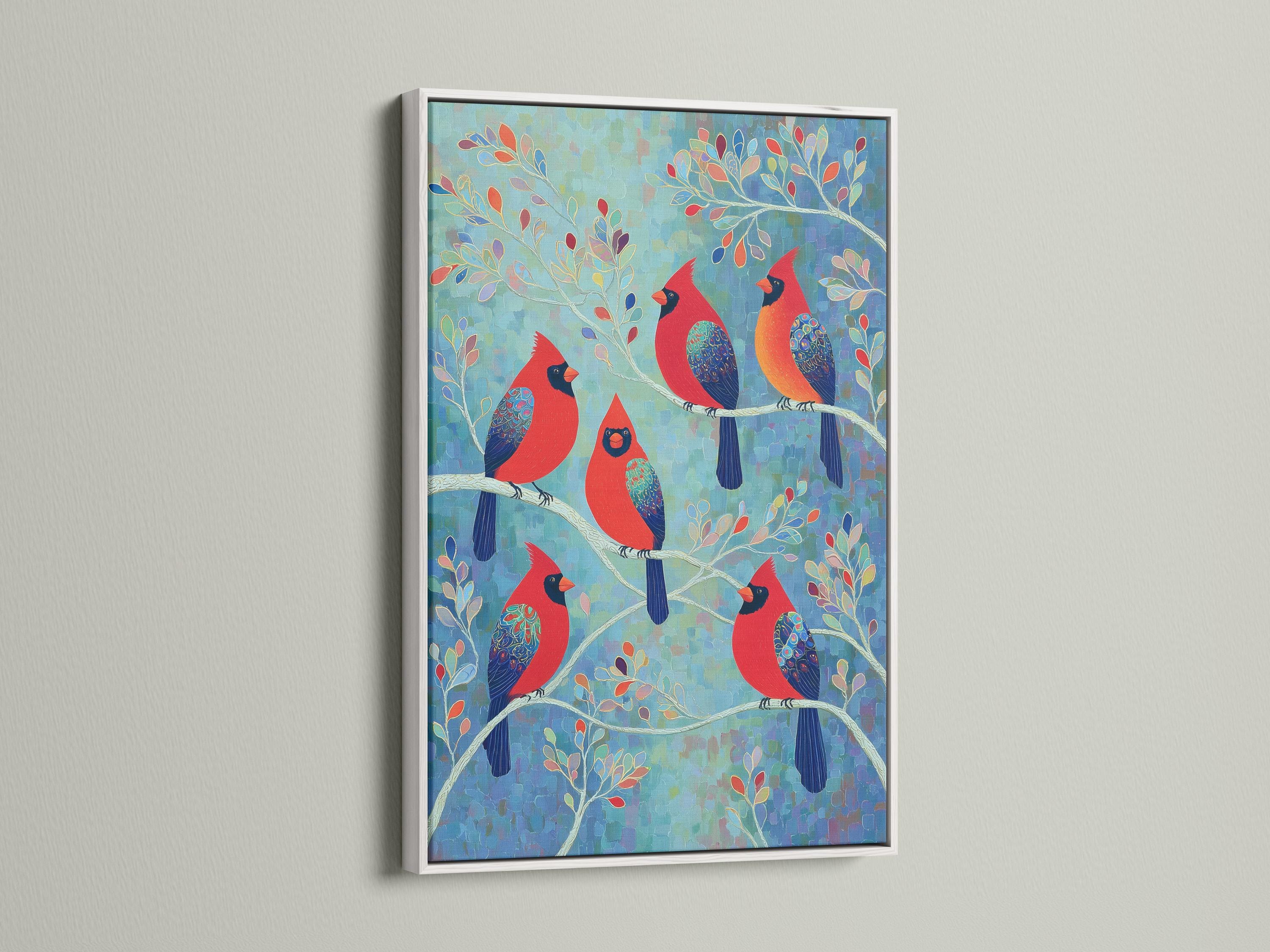 Portrait wildlife artwork with red cardinals perched on branches against a teal blue background detail view
