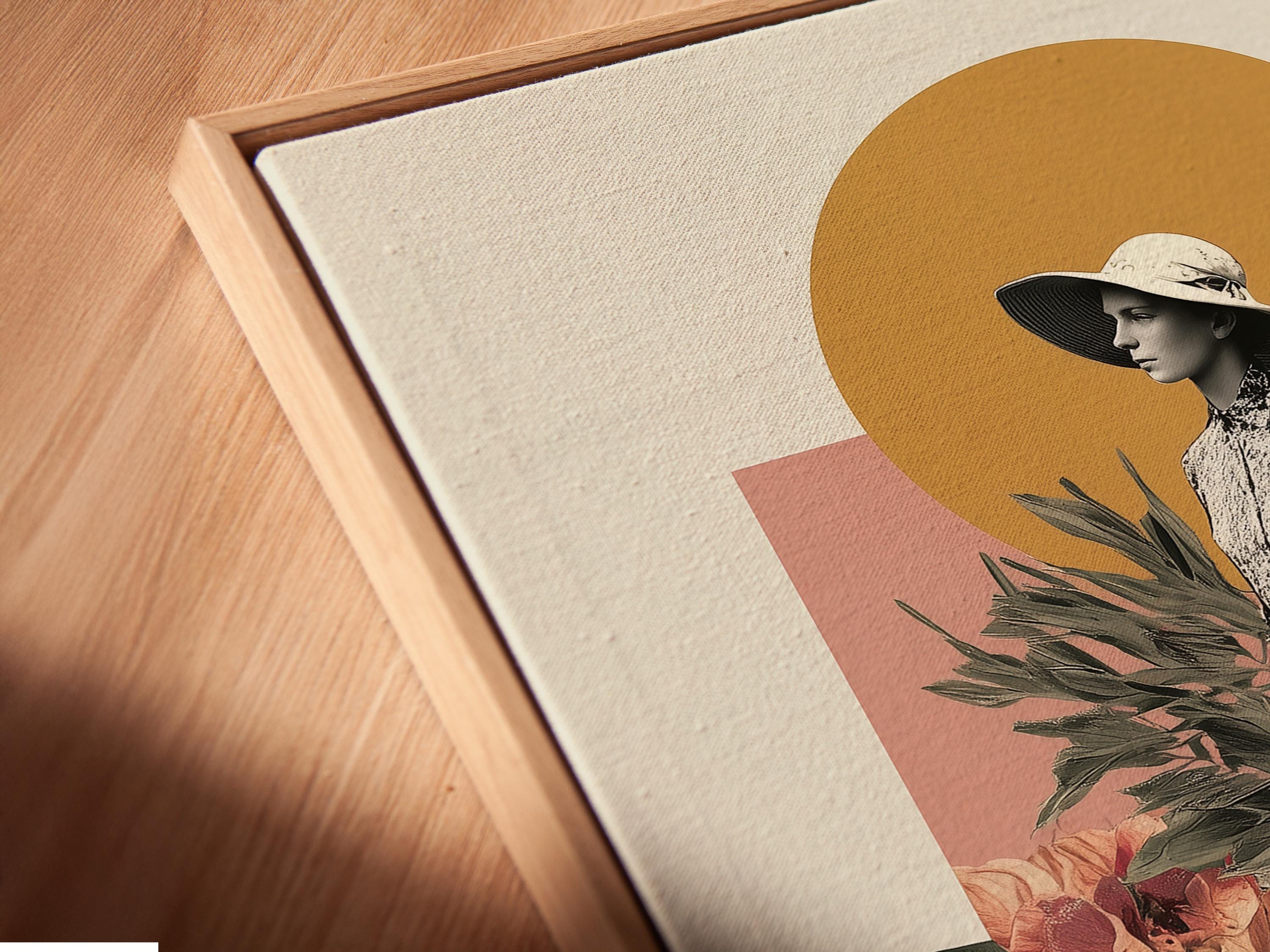 Vintage collage of a woman in a hat with tropical leaves and flowers against an ochre sun disc detail view