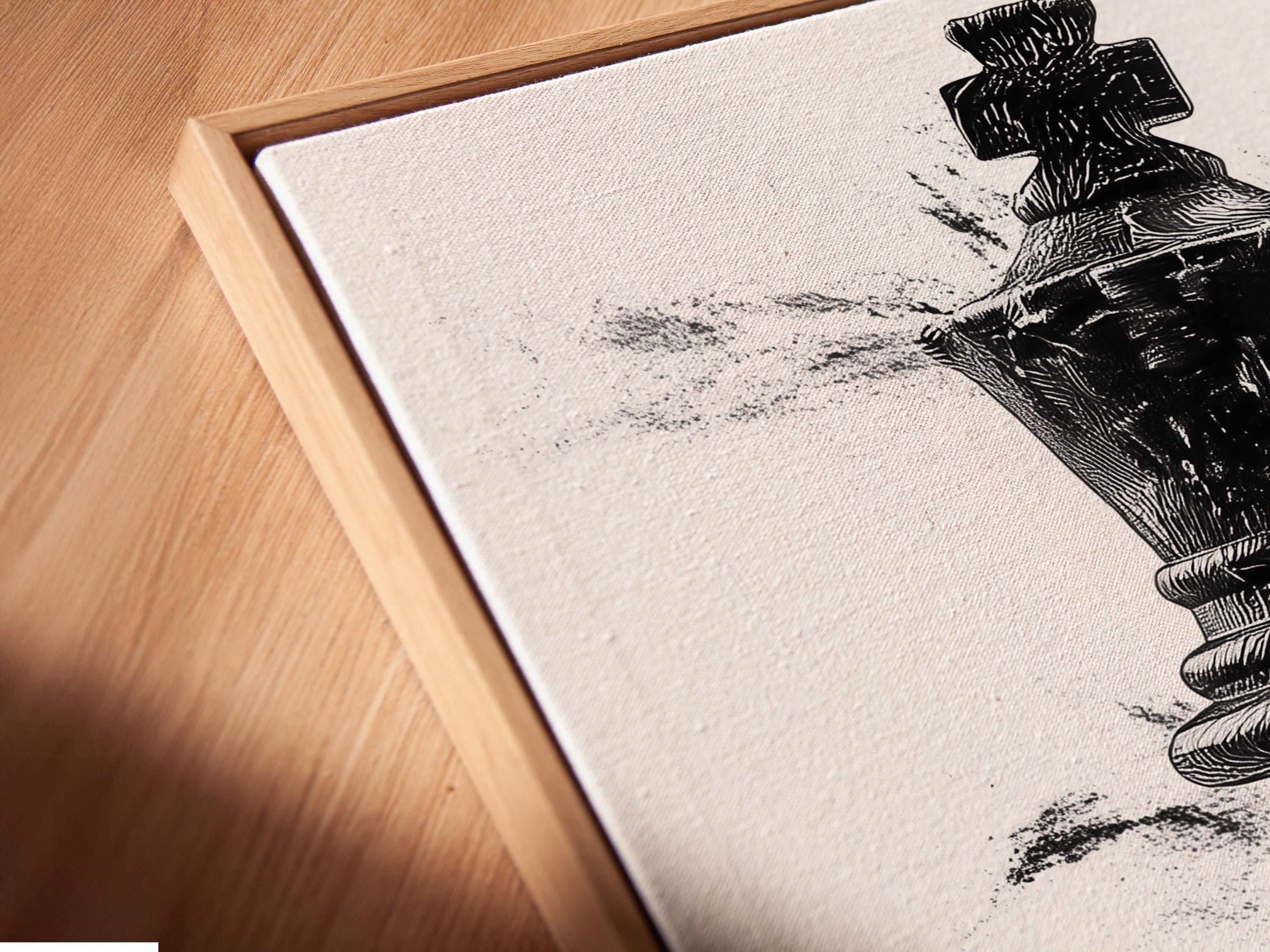 Black and white illustration of an upright chess piece with grey ink splatter marks detail view