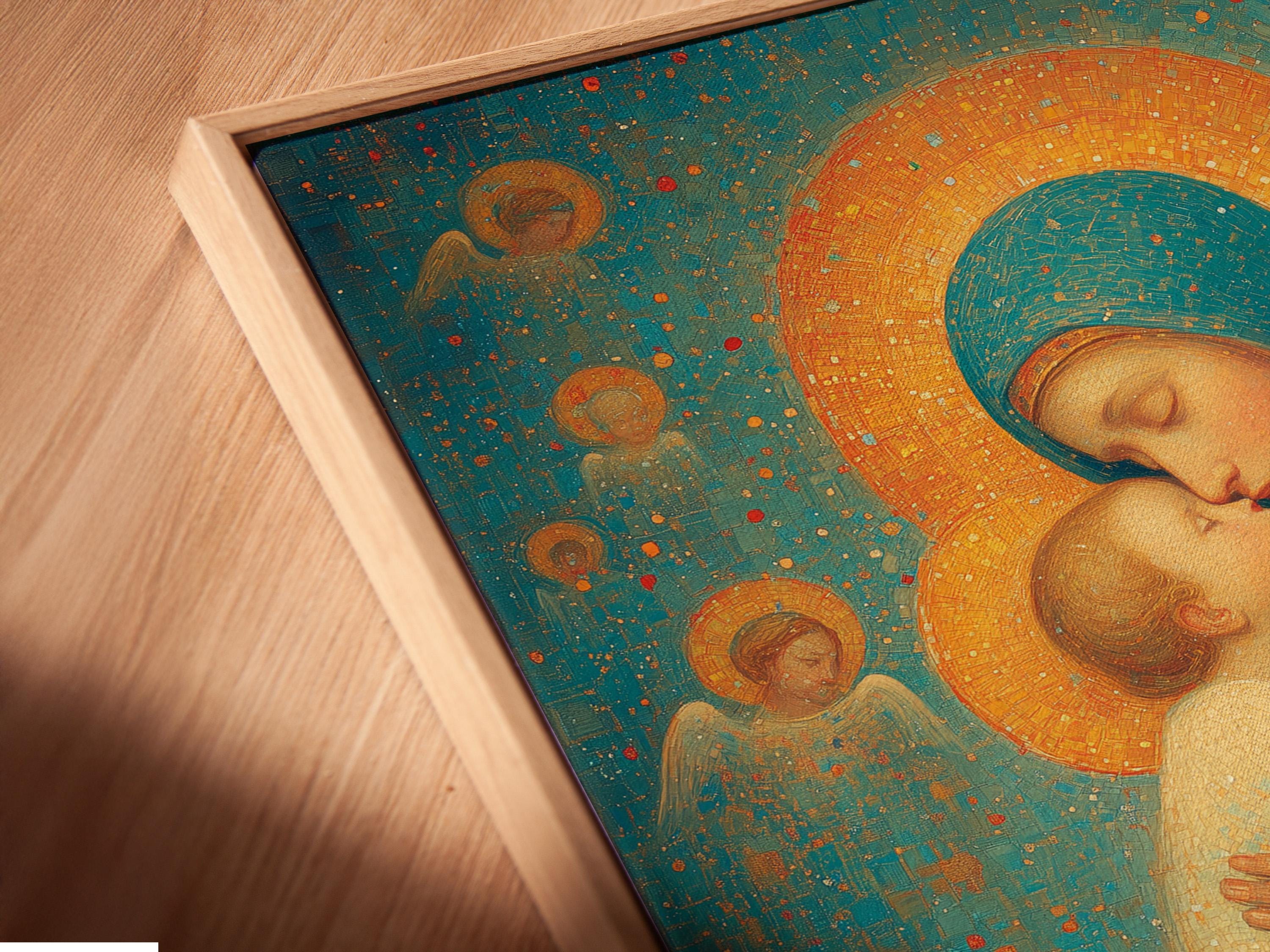 Religious painting of a haloed woman holding a haloed child against a teal and gold speckled background detail view