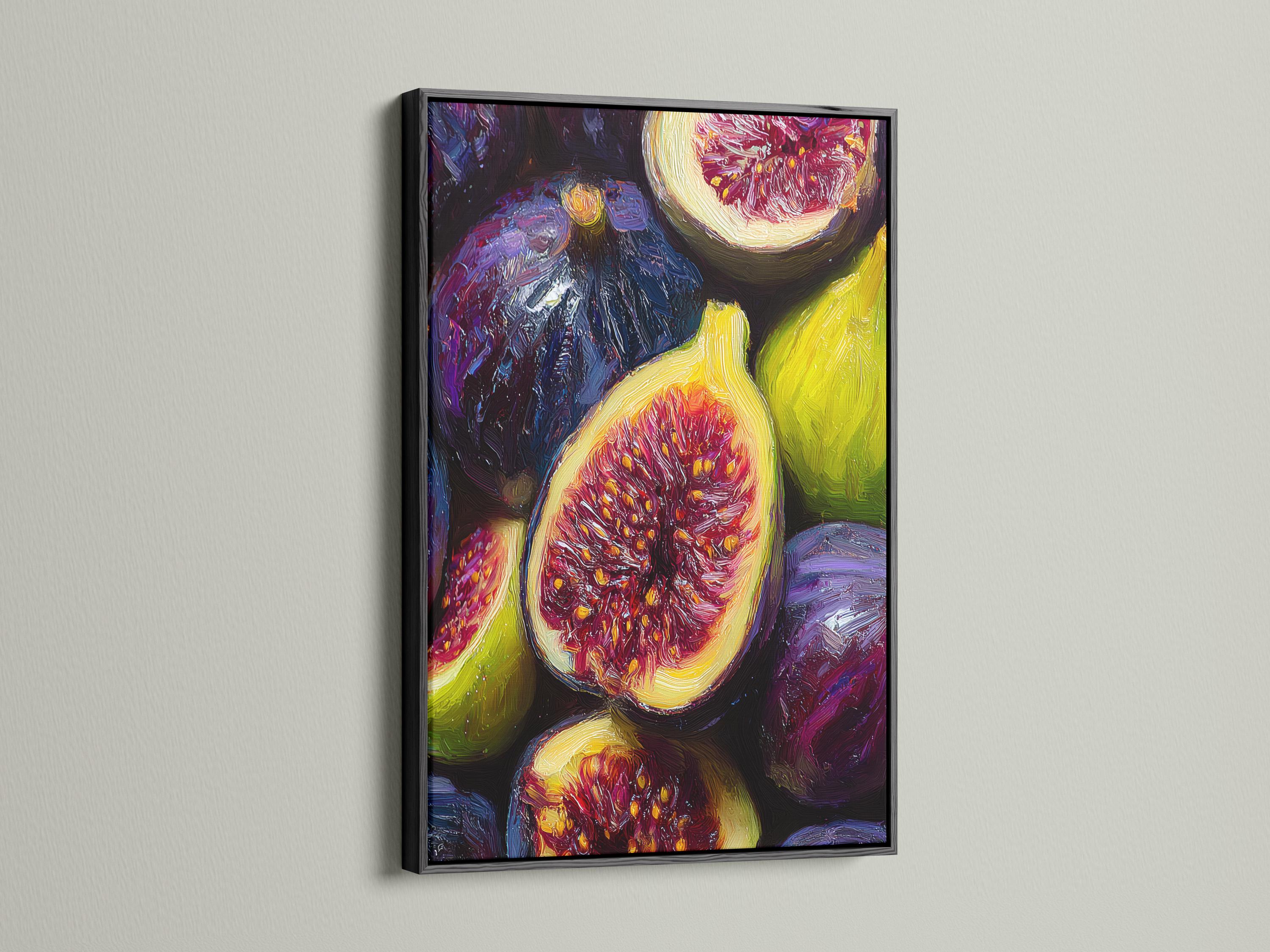 Framed purple, green and gold fig still life artwork shown in a room mockup, with stacked thumbnails at left