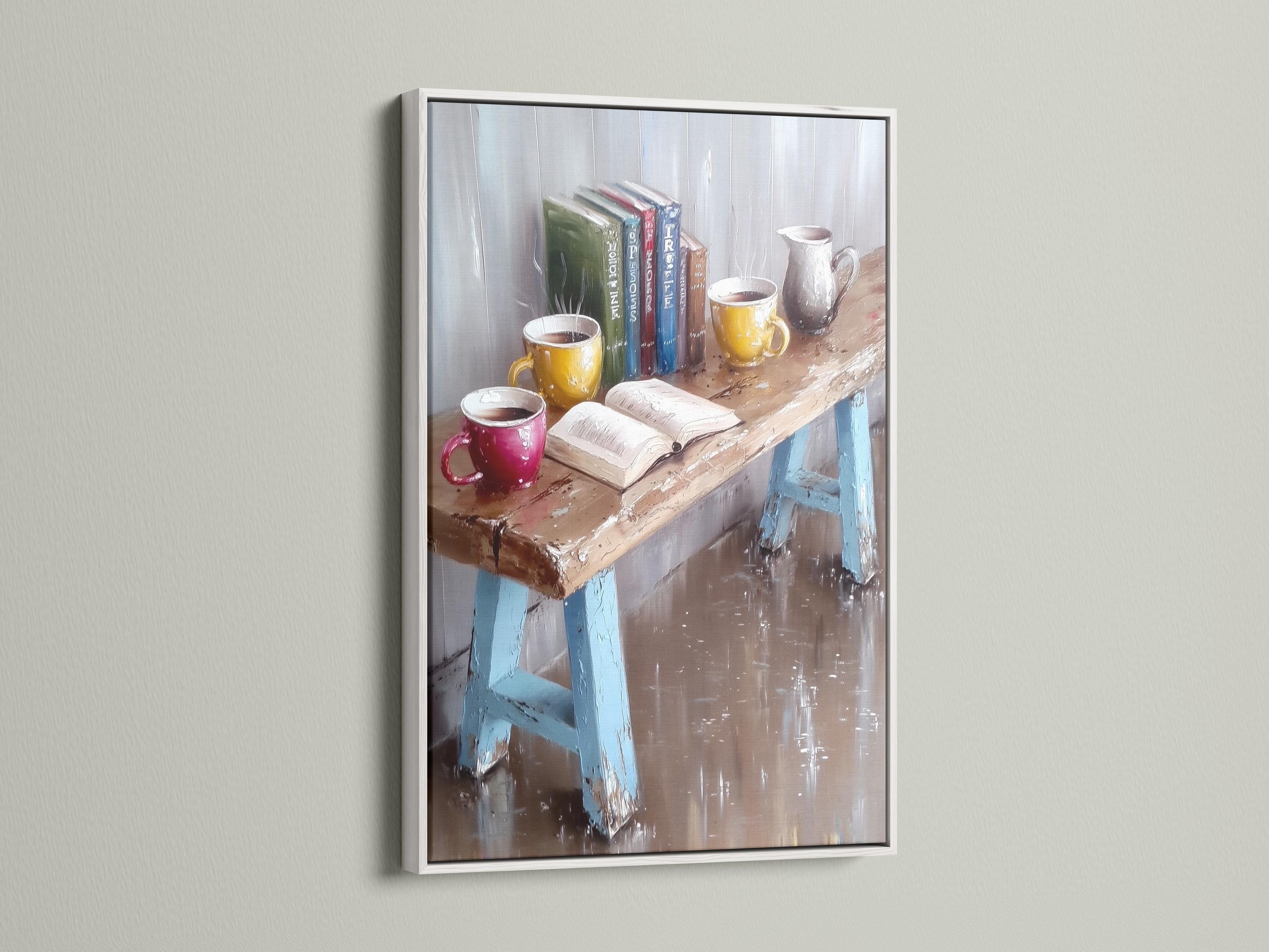 Painterly still life showing books and coffee mugs with warm highlights on a textured grey-blue background detail view