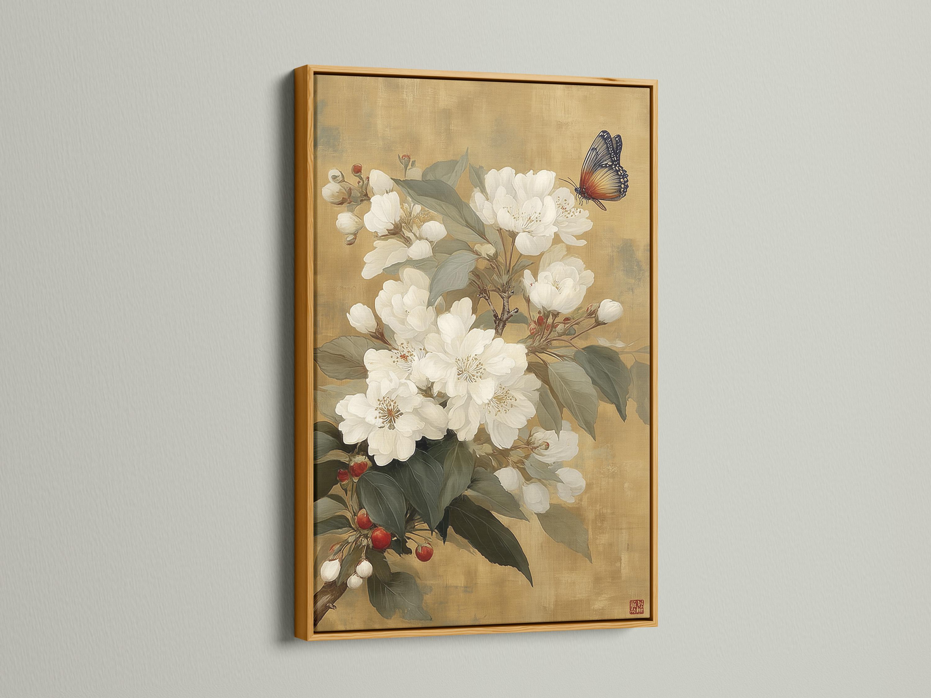 White blossom flowers with green leaves and a butterfly on a warm beige background detail view