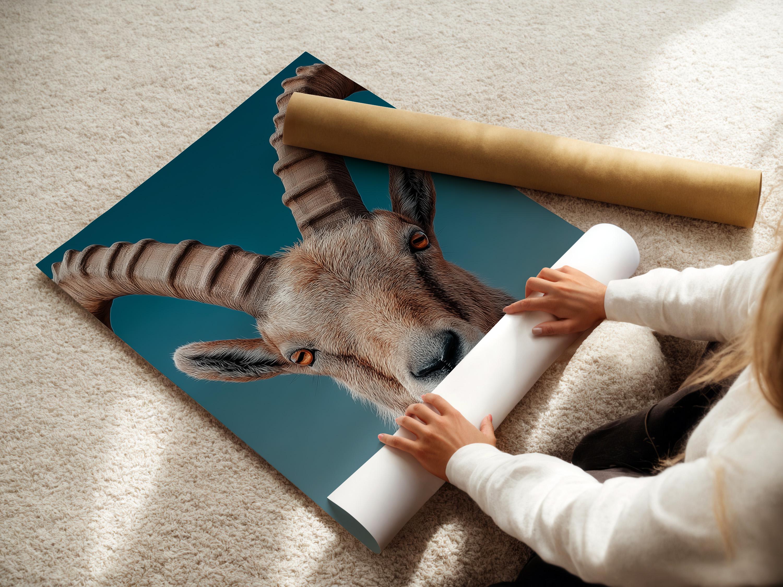 Portrait of an ibex with curved horns on a teal background detail view