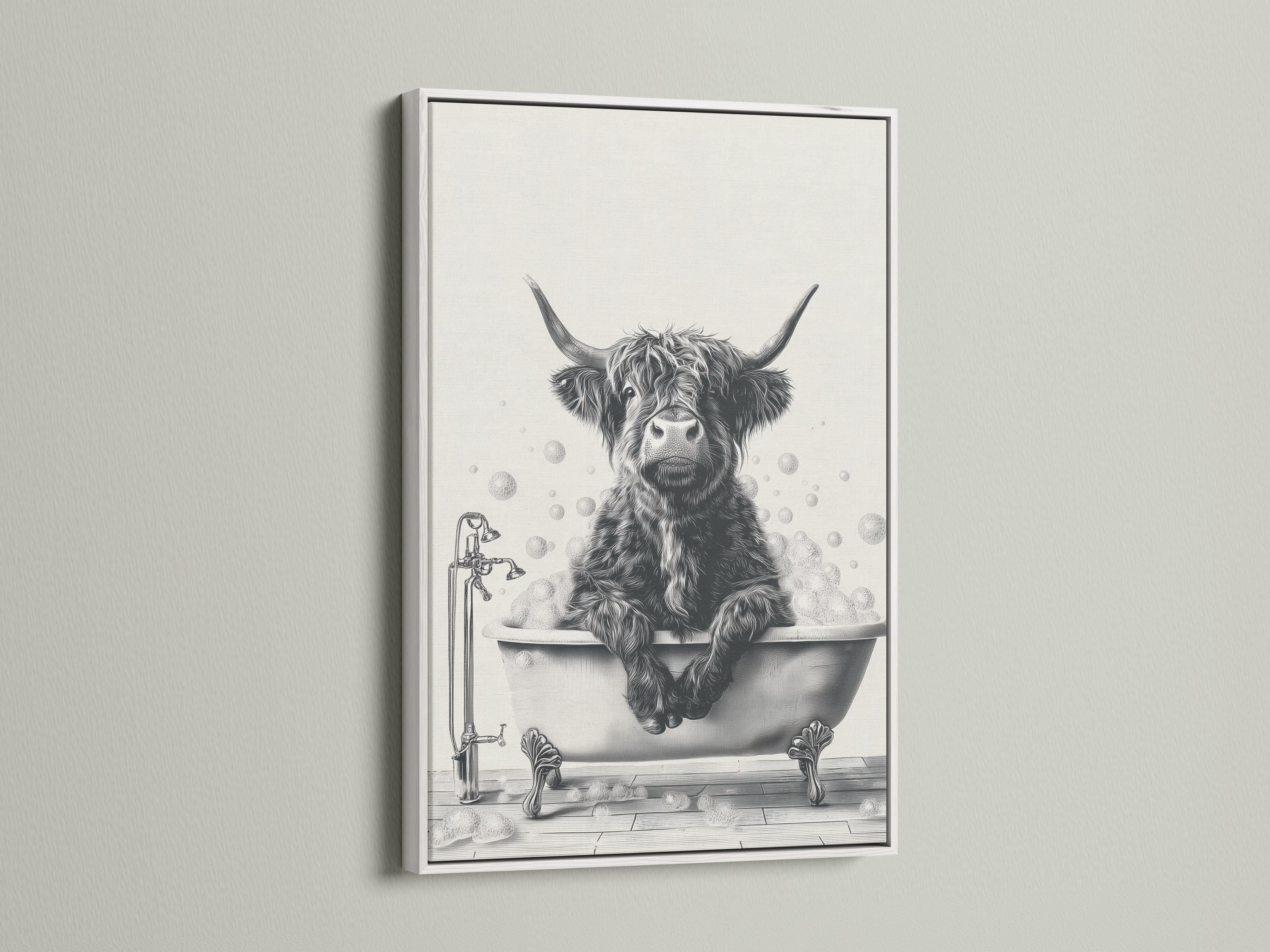 Black and white cow sitting in a bathtub with bubbles and a faucet detail view