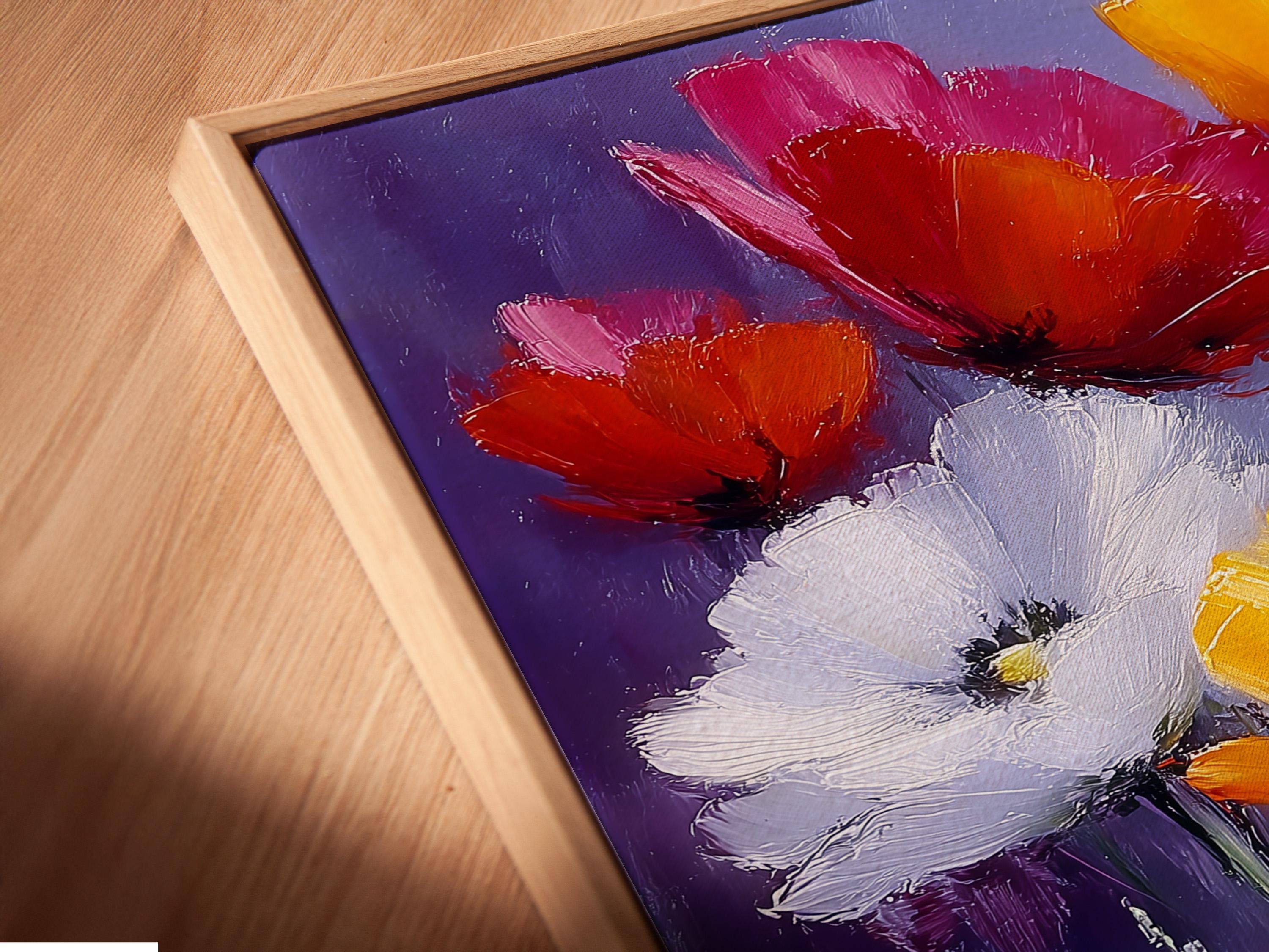 Floral artwork mockup showing a framed poppy bouquet on a light wall, with style variants on the left
