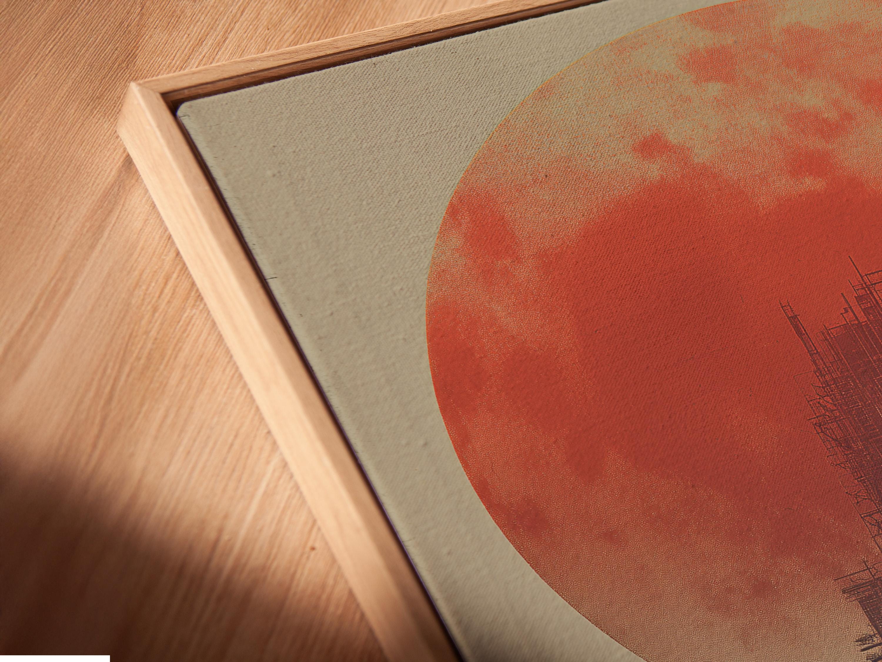 Dystopian scene of two people walking toward an industrial building under a large red sun detail view