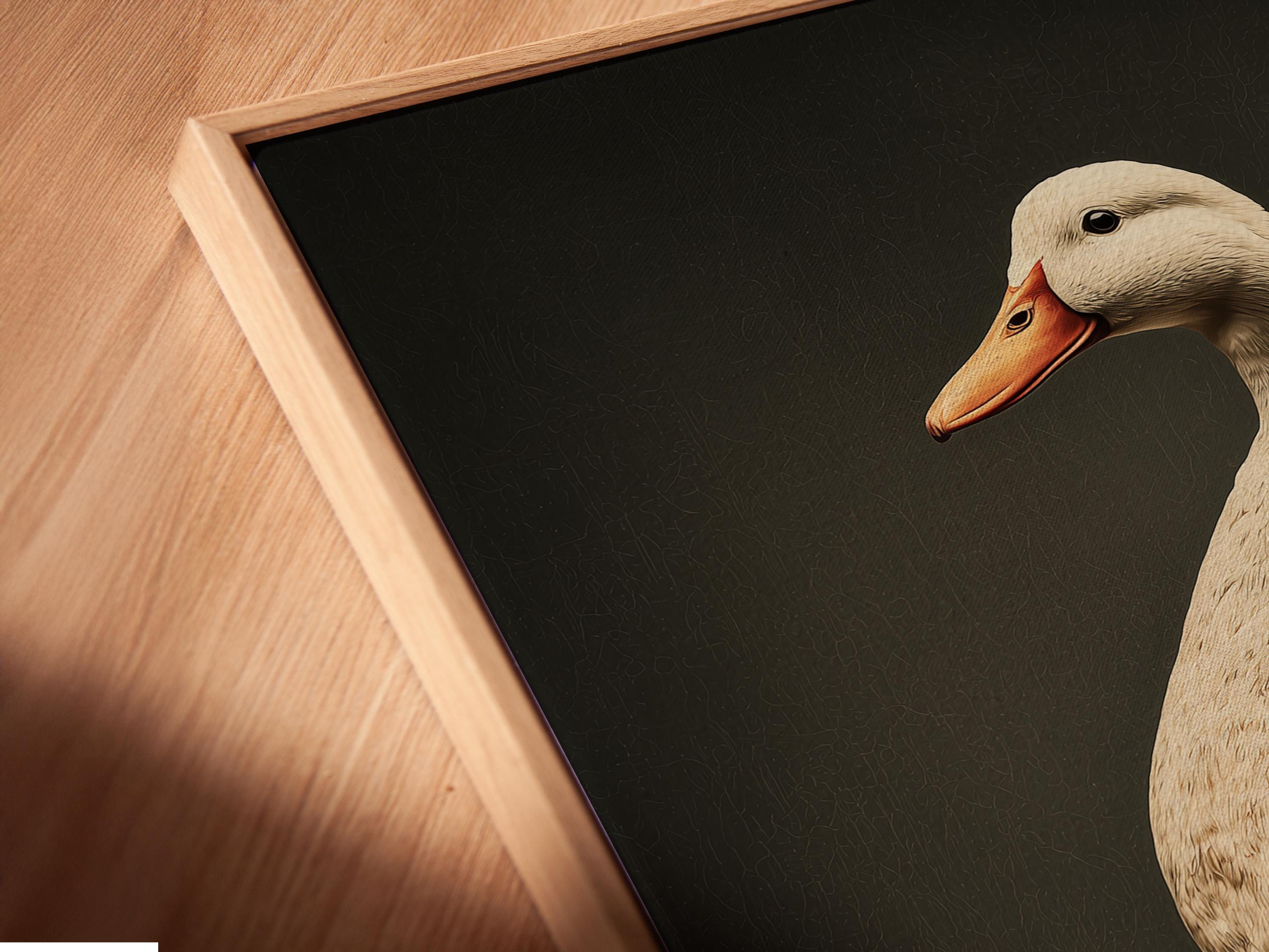 Vintage duck illustration in cream and rust red-orange standing on cobblestone-like ground against a dark background detail view