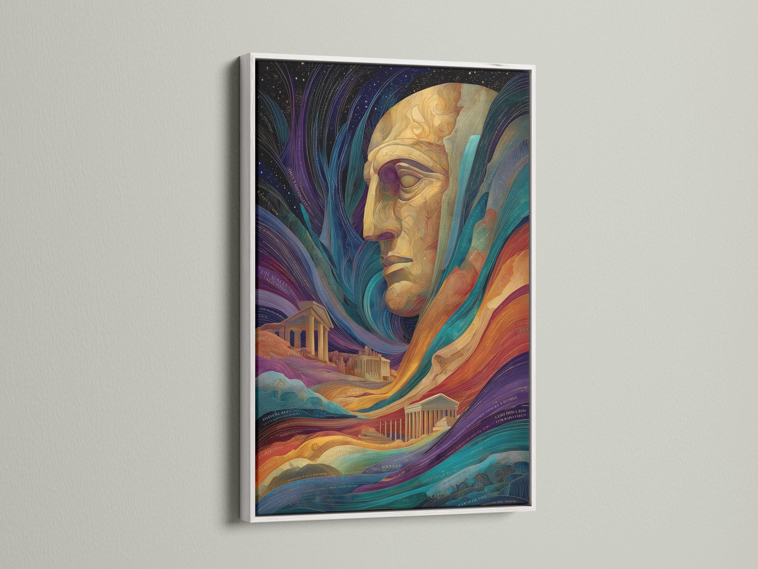 Golden statue head in profile surrounded by swirling indigo and teal waves and a classical columned building detail view