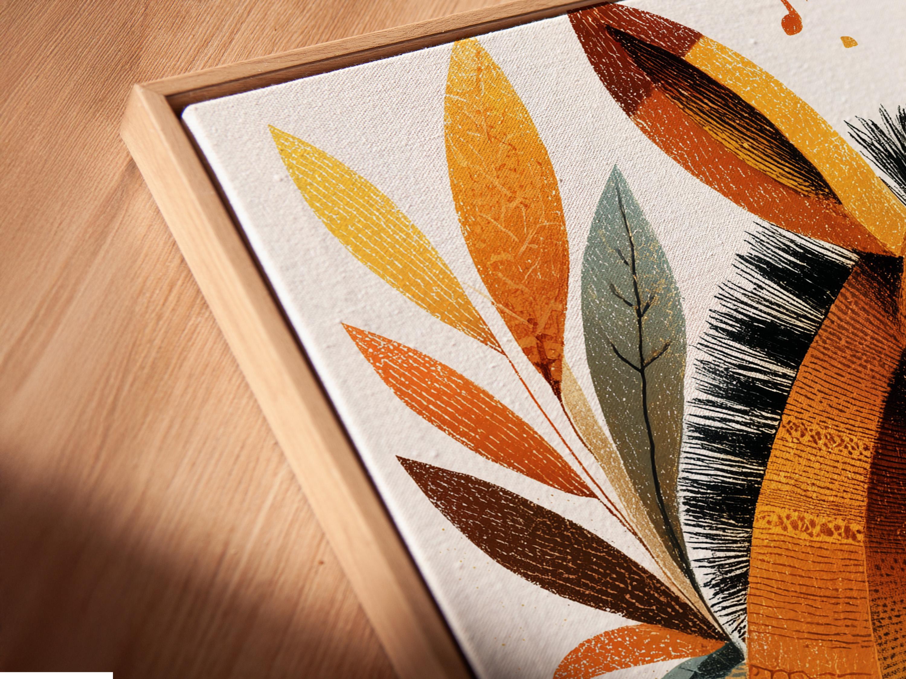Boho donkey illustration with warm beige and brown tones, leafy accents, sparkles and music notes on a light background detail view