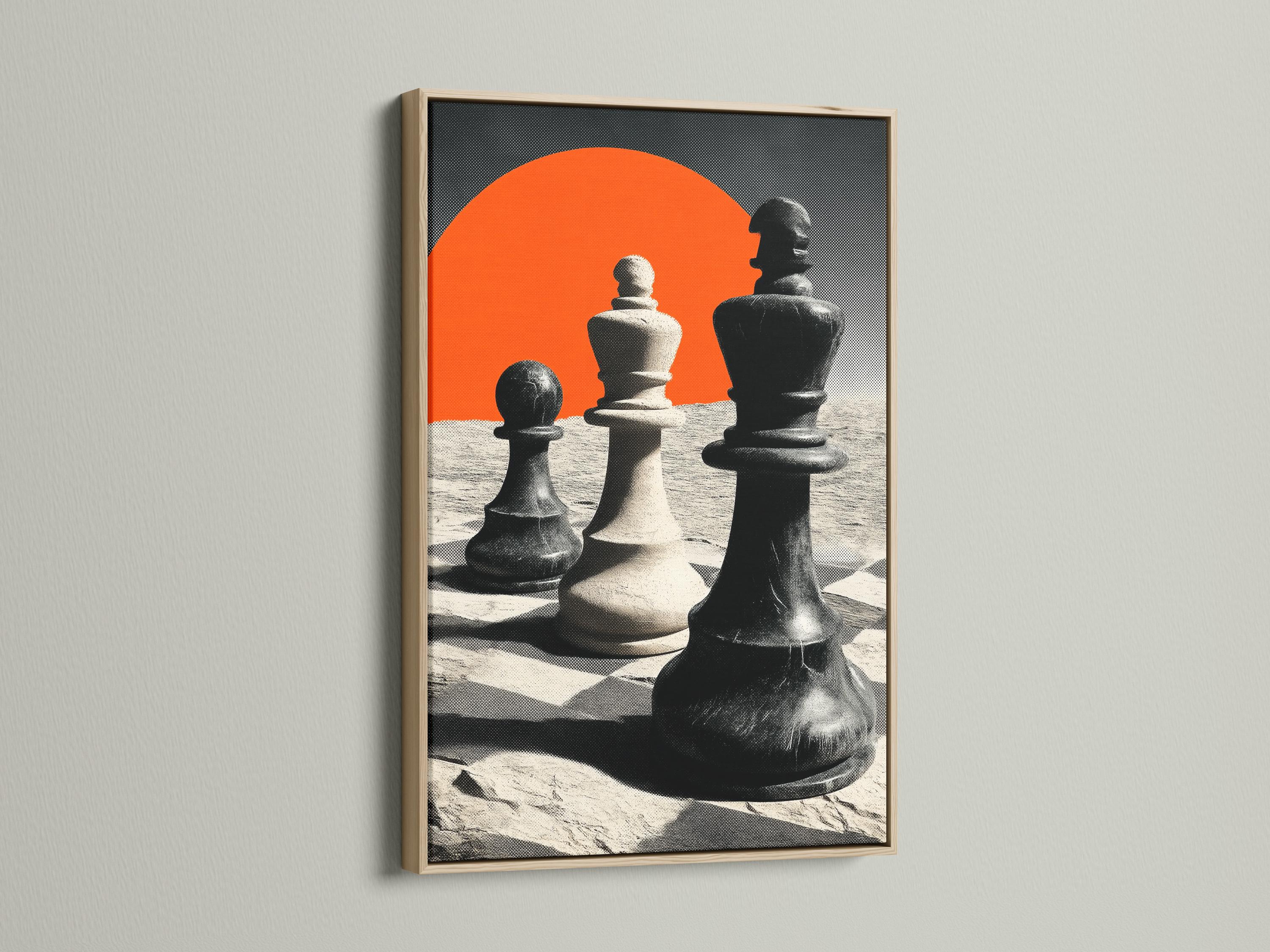 High-contrast chess pieces with an orange sun and monochrome sandy landscape background detail view
