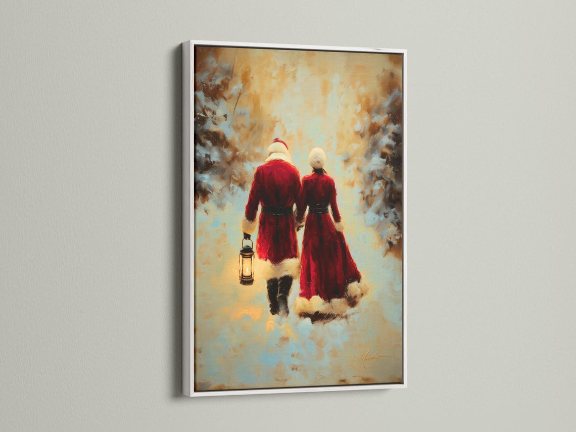 Painterly winter scene of a couple in red coats walking away with a glowing lantern detail view