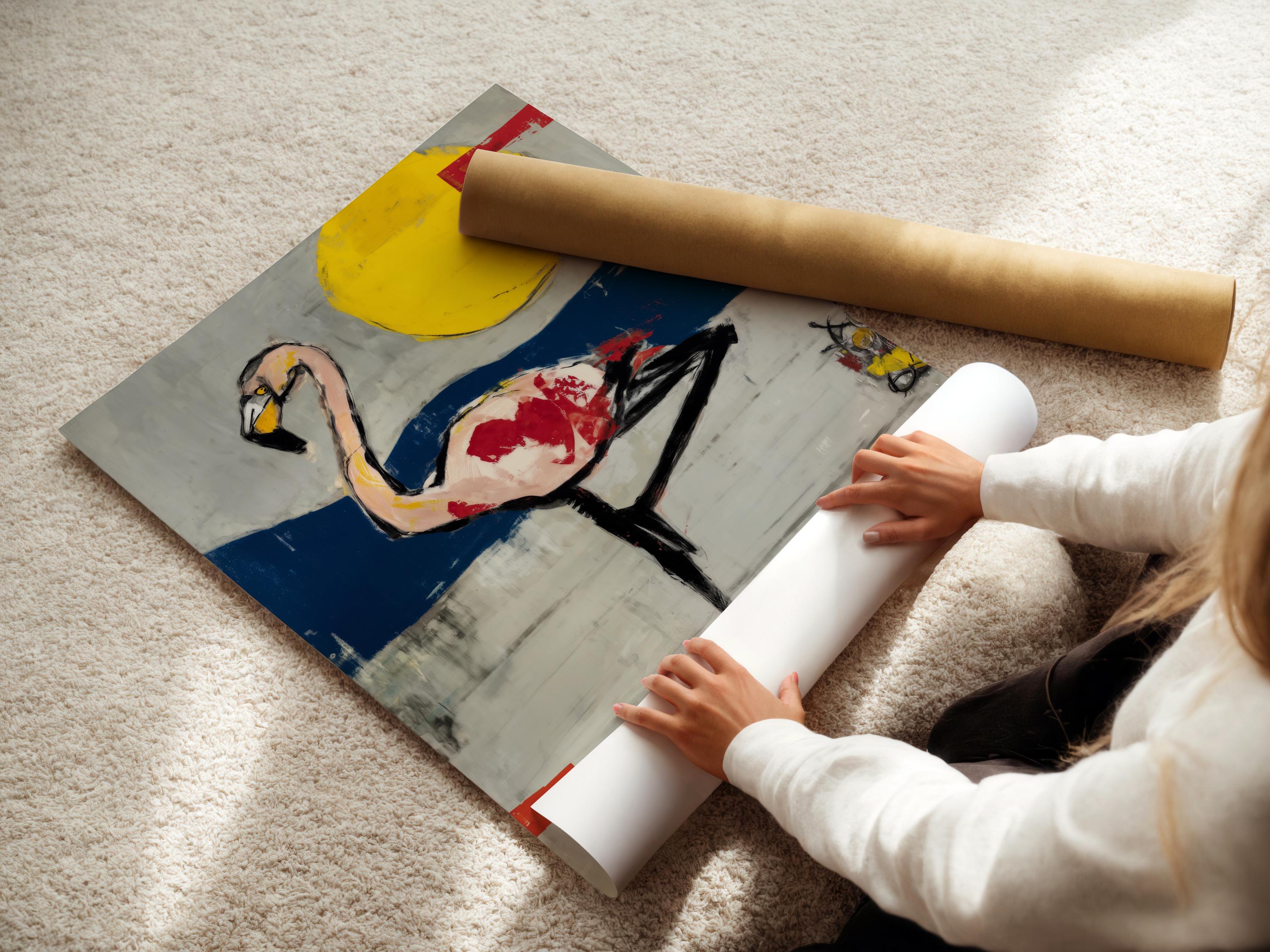 Room mockup showing a framed flamingo artwork with a yellow sun and navy blue horizon