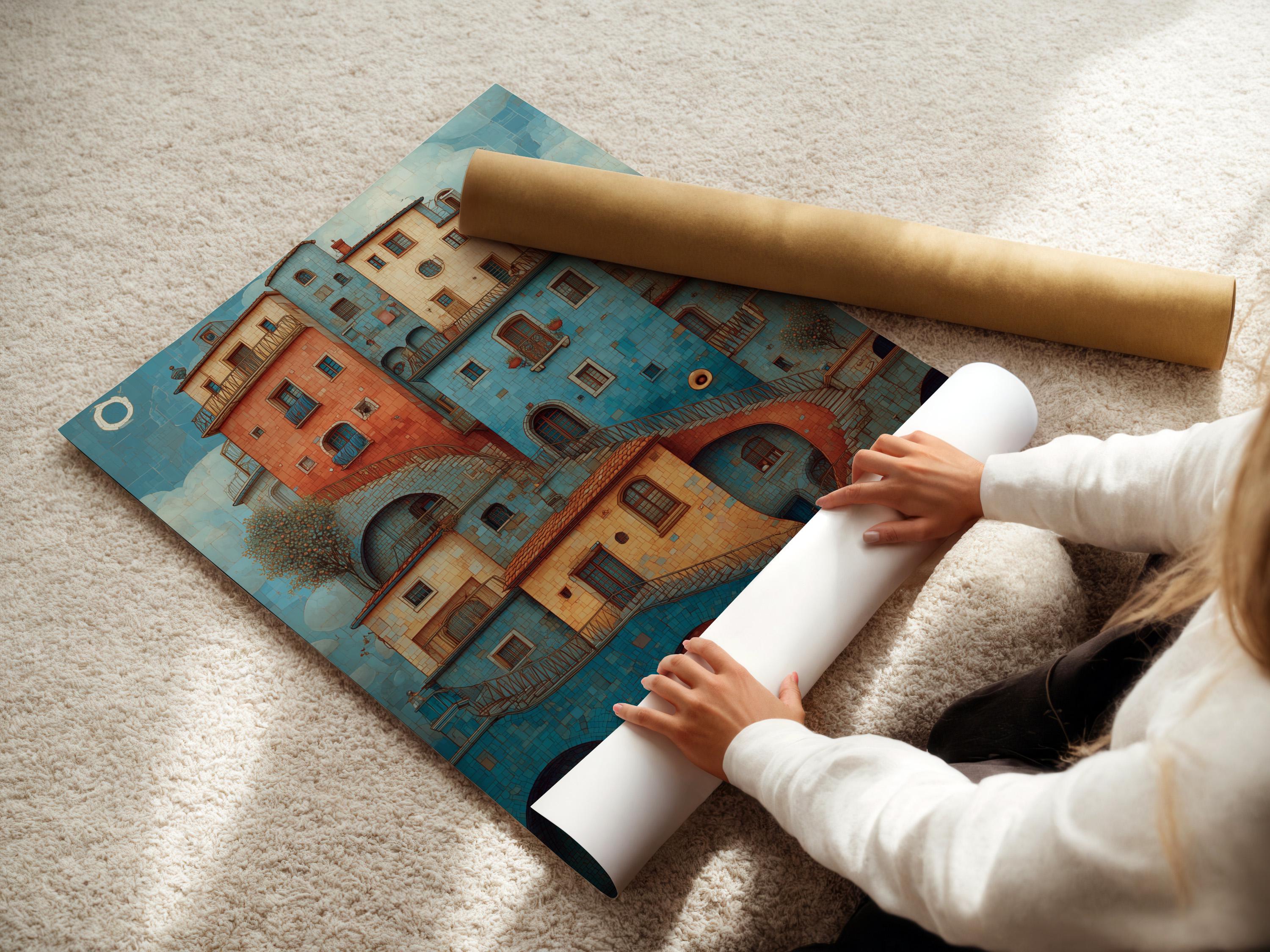 Turquoise and coral Mediterranean cityscape with arched windows, balconies, staircases and reflective water detail view